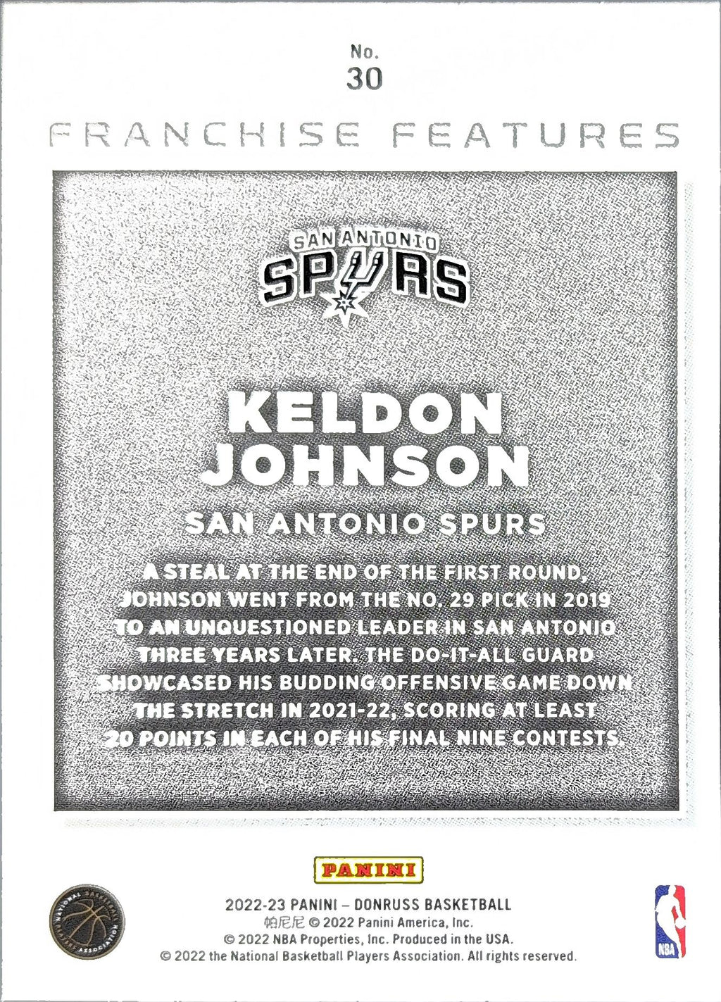 2022-23 Donruss Keldon Johnson #30 Franchise Features San Antonio Spurs back
