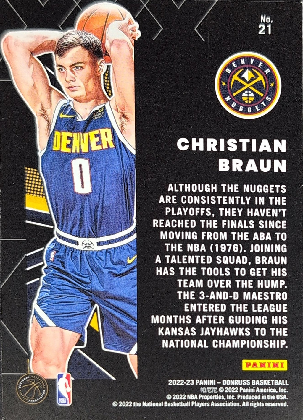 2022-23 Donruss Christian Braun #21 Great X-Pectations Denver Nuggets back