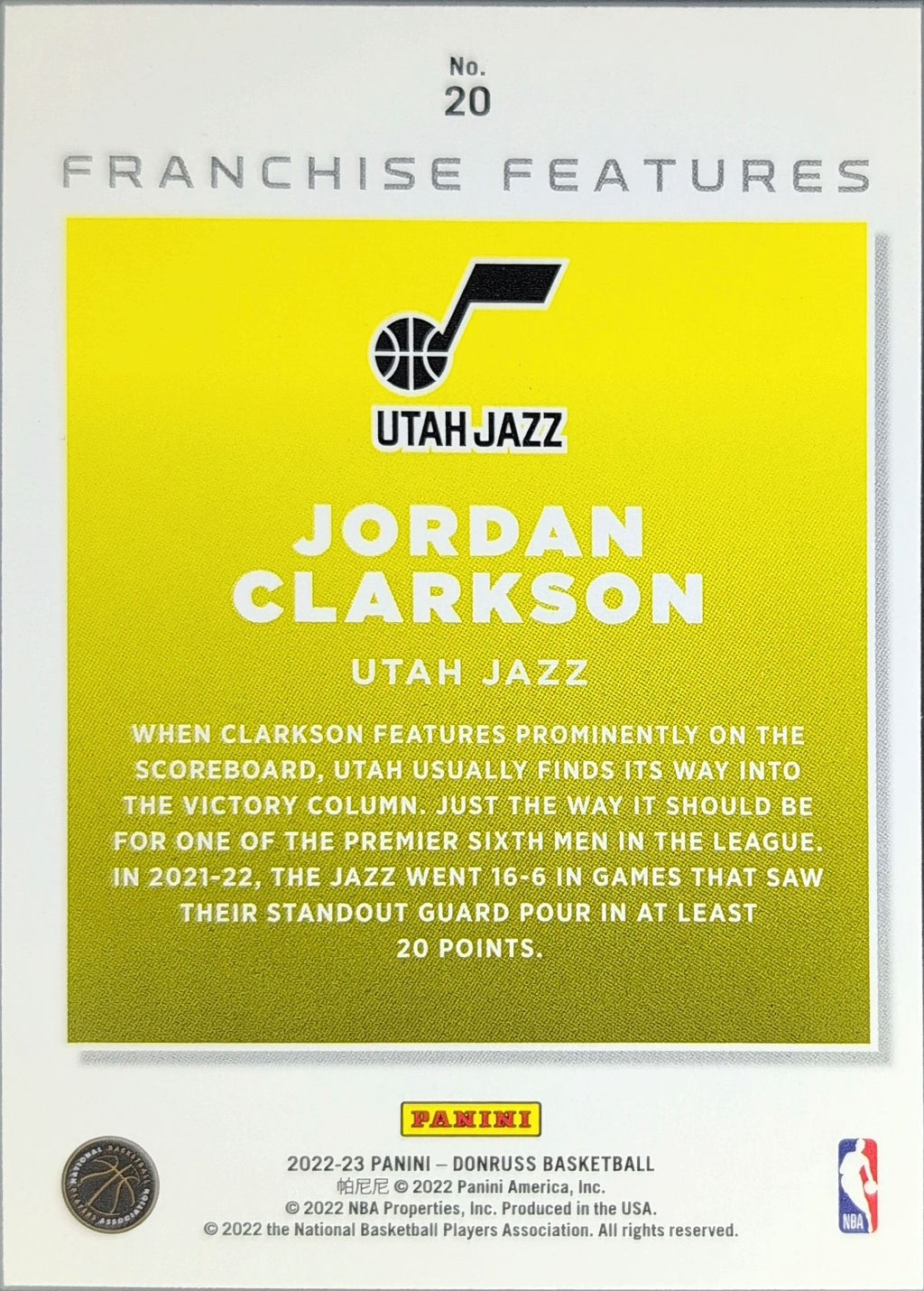 2022-23 Donruss Jordan Clarkson #20 Franchise Features Utah Jazz back