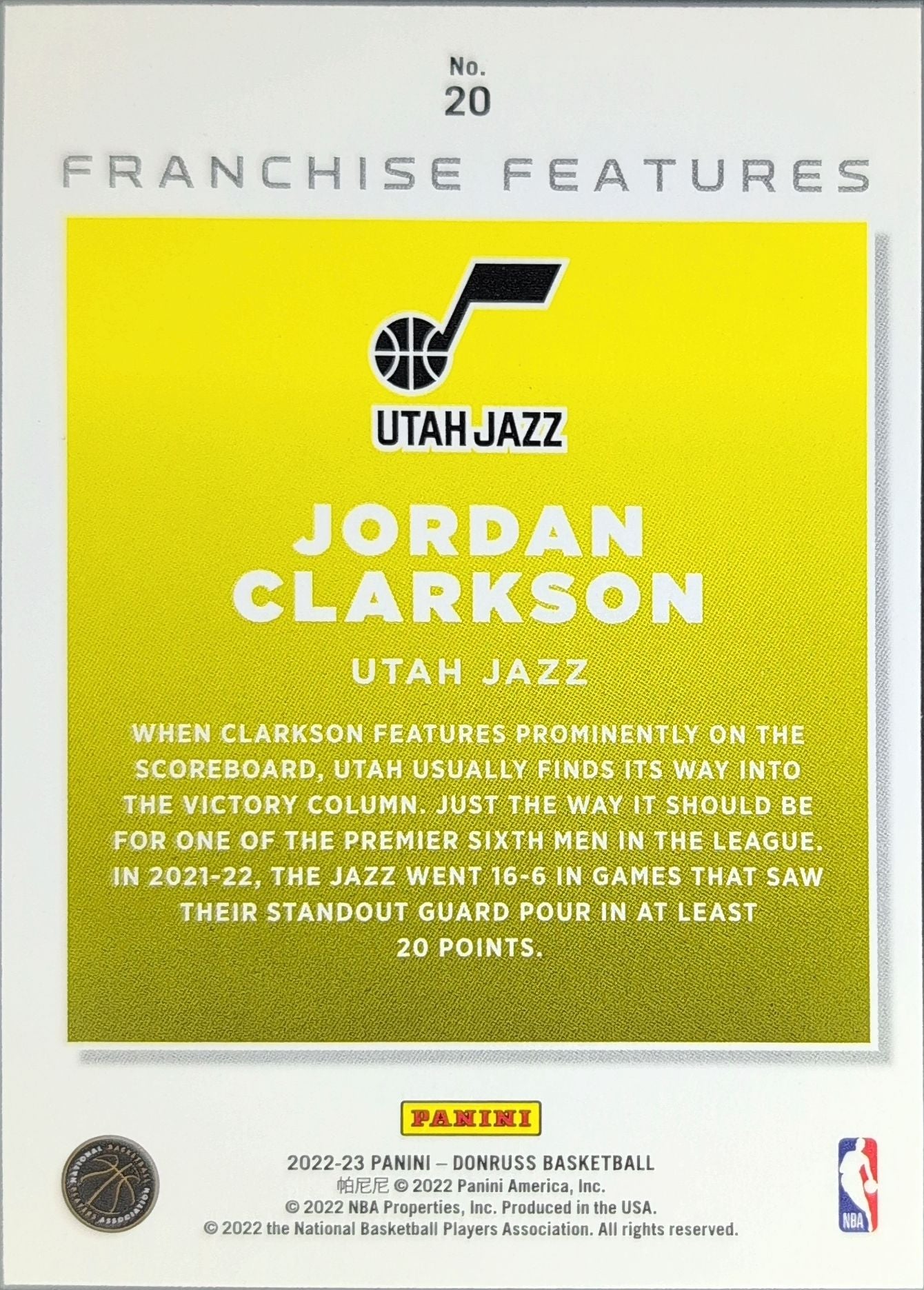 2022-23 Donruss Jordan Clarkson #20 Franchise Features Utah Jazz back