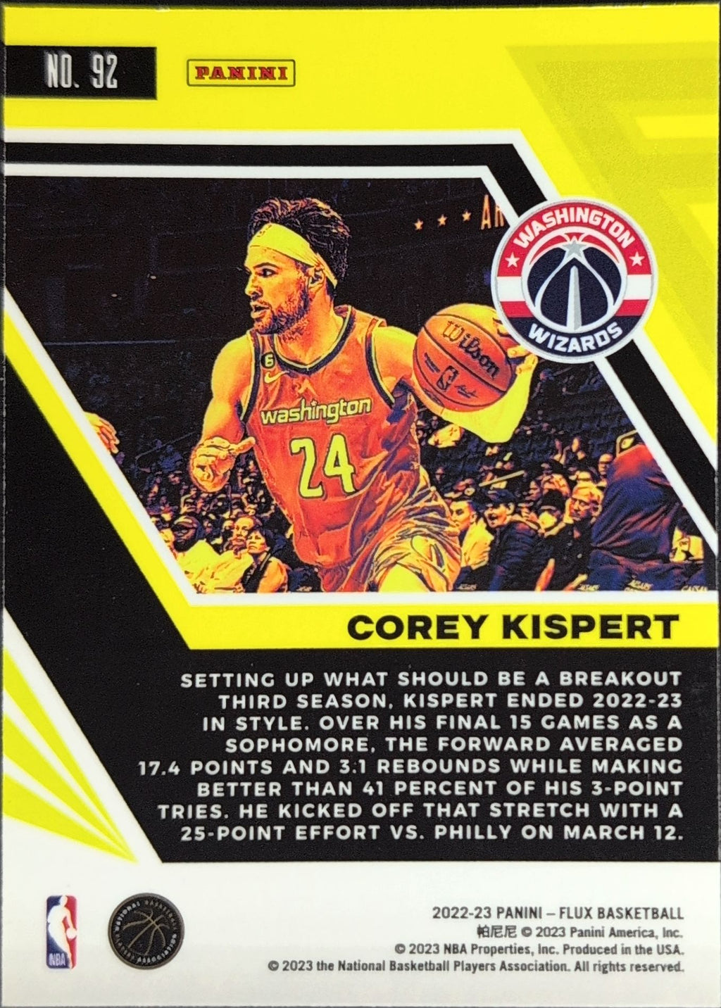 2022-23 Panini Flux Corey Kispert #92 Washington Wizards back