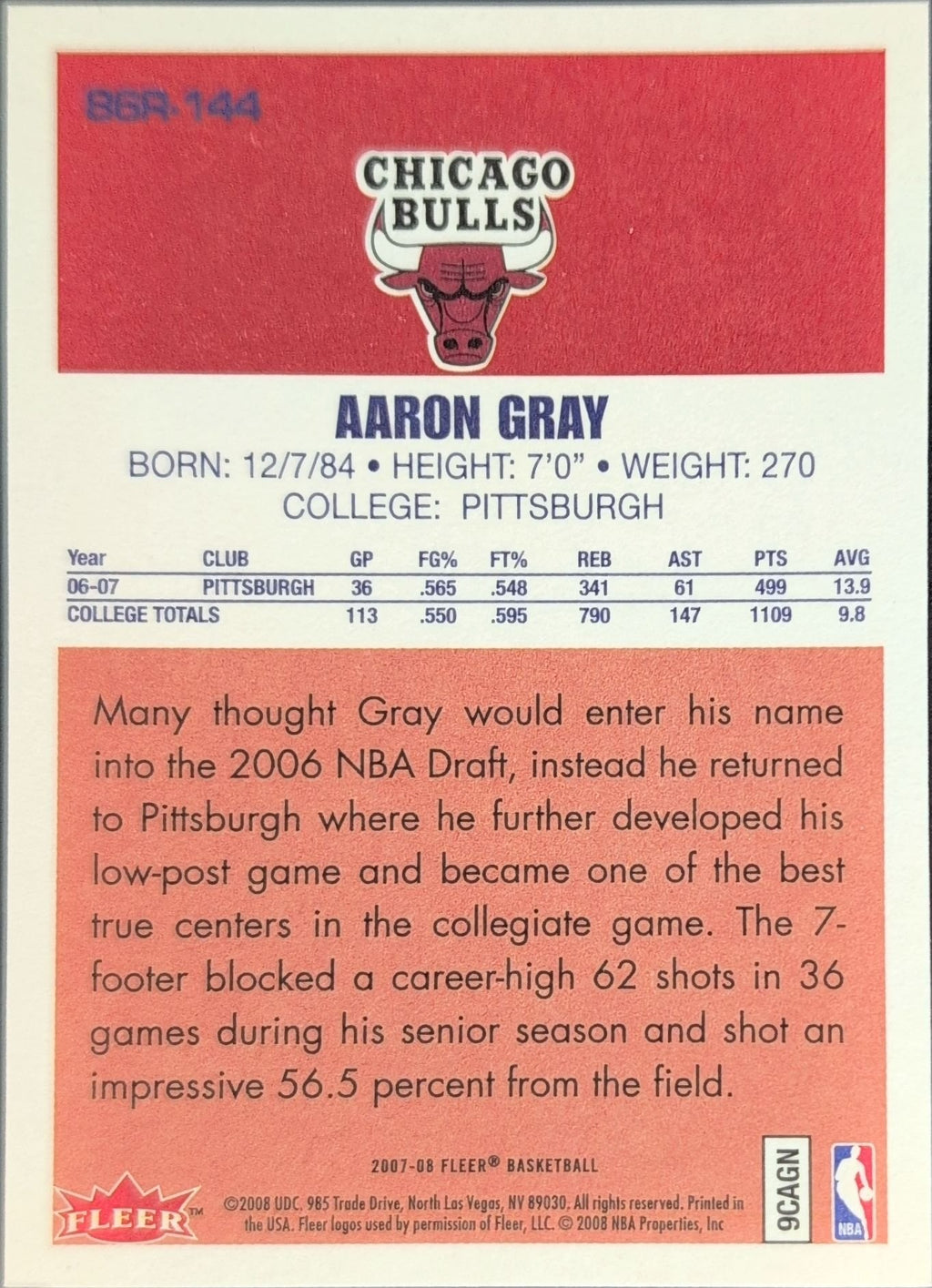 Aaron Gray 2007-08 Fleer #86R-144 86-87 Retro Rookies Chicago Bulls - back image