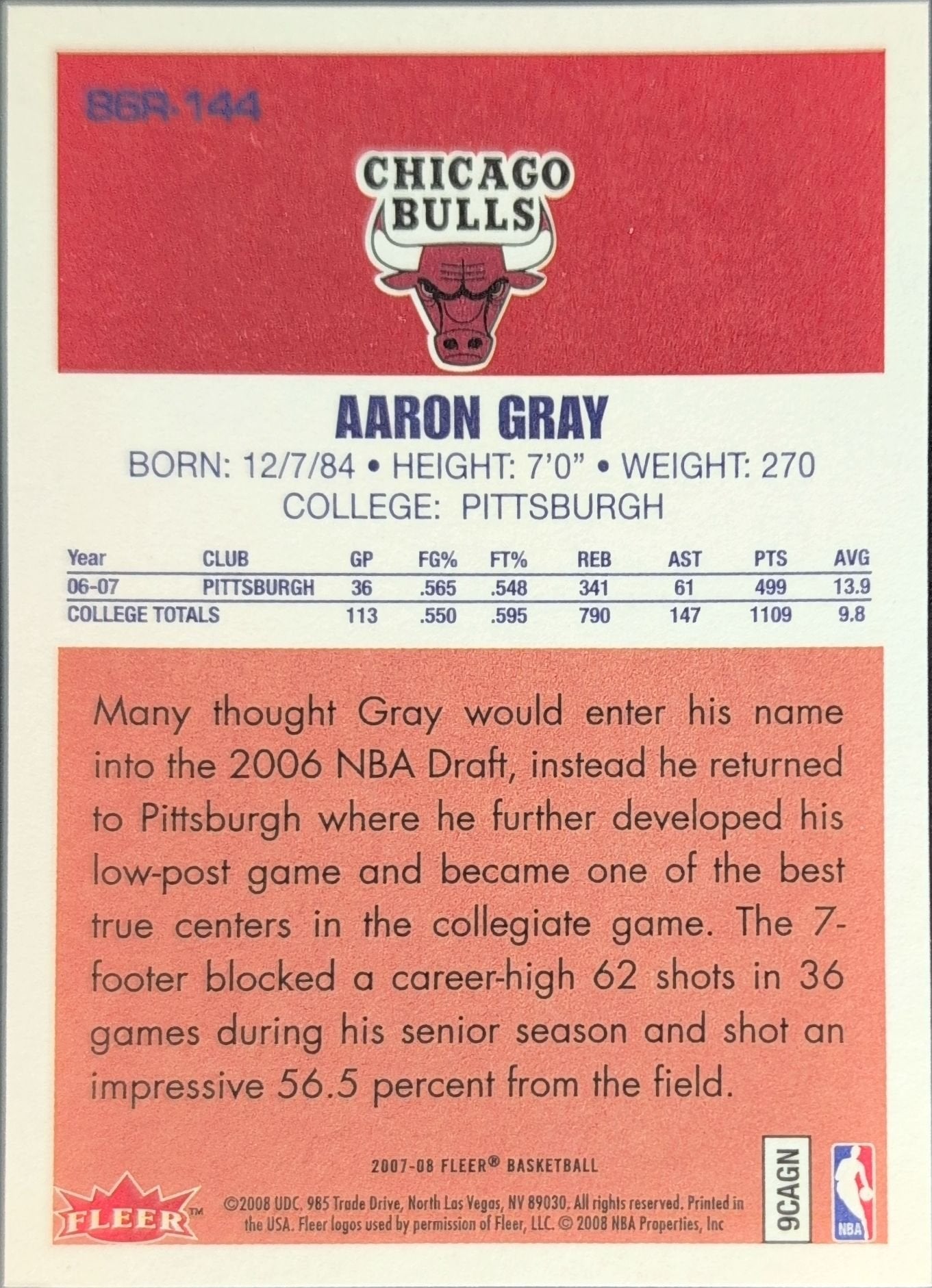 Aaron Gray 2007-08 Fleer #86R-144 86-87 Retro Rookies Chicago Bulls - back image
