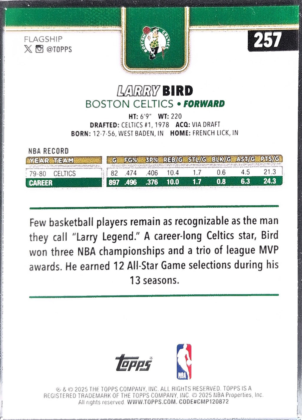 2025-26 Topps Larry Bird #257 Boston Celtics back