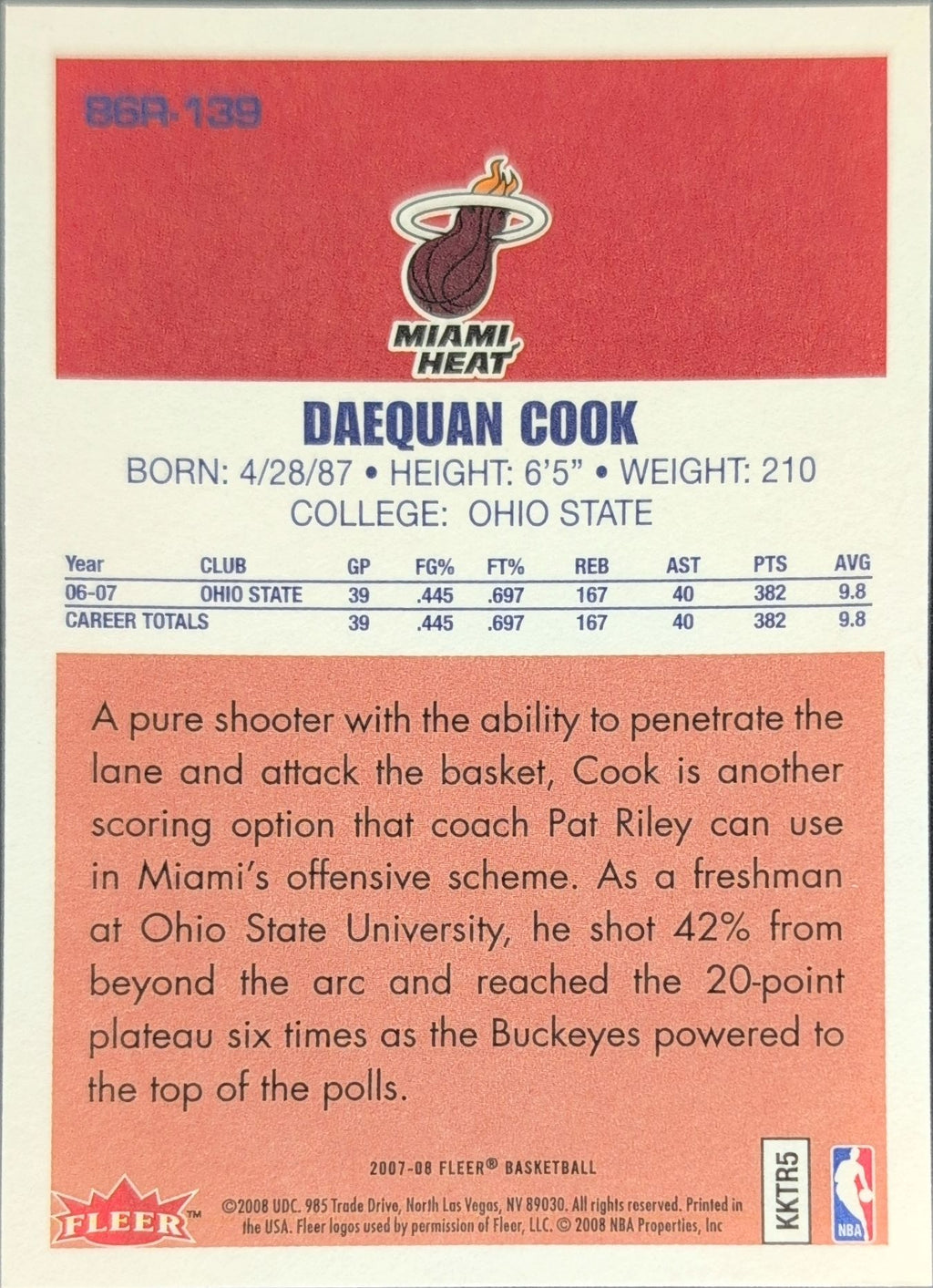 2007-08 Fleer Daequan Cook #86R-139 86-87 Retro Rookies Miami Heat back
