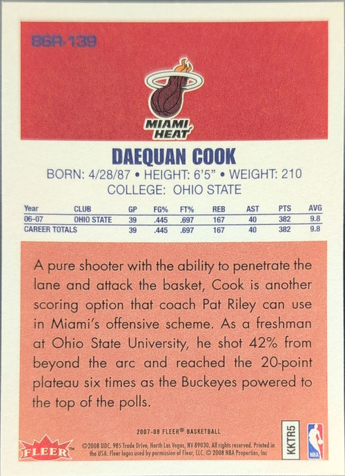 2007-08 Fleer Daequan Cook #86R-139 86-87 Retro Rookies Miami Heat back