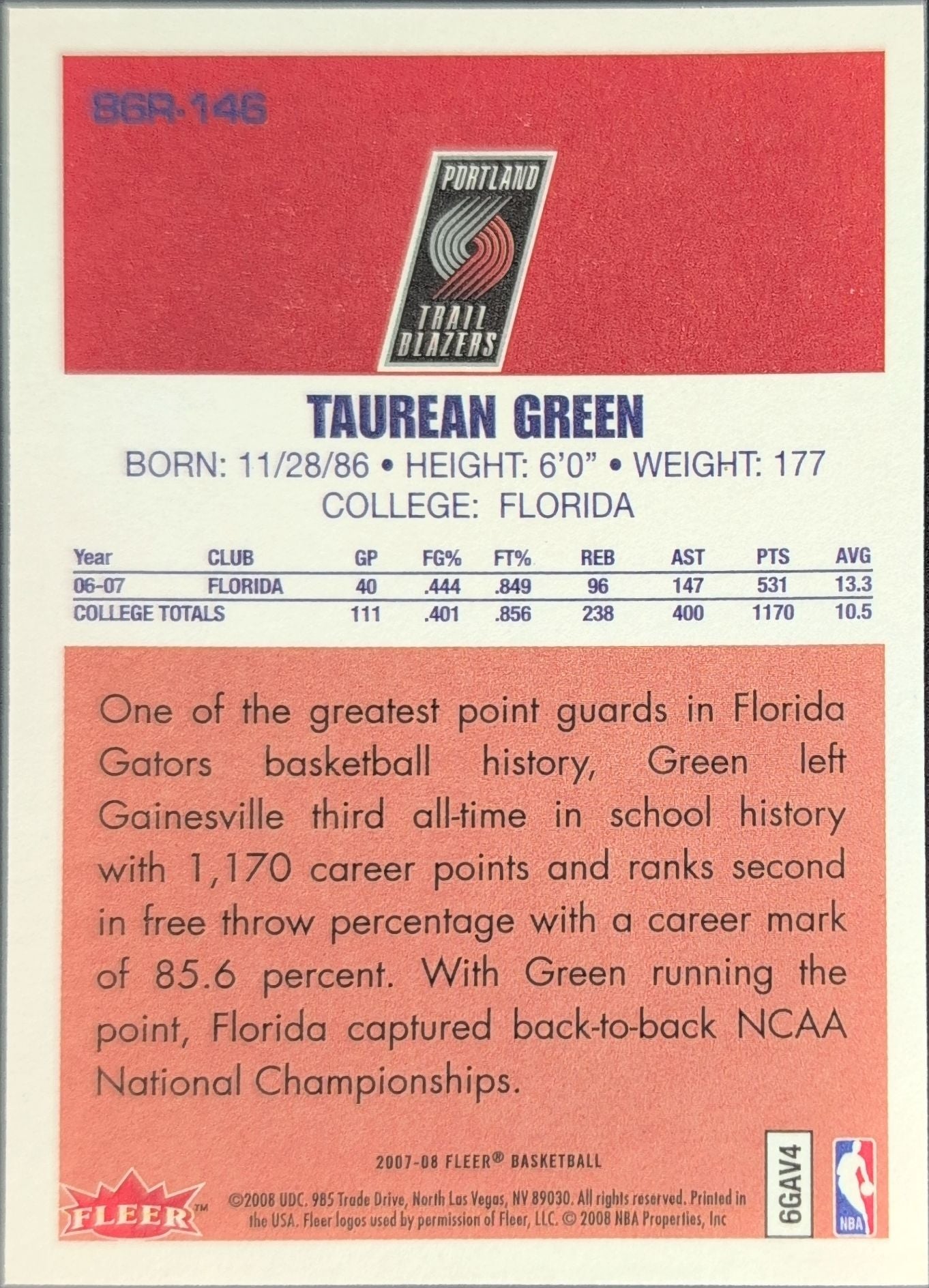 2007-08 Fleer Taurean Green #86R-146 86-87 Retro Rookies Portland Trail Blazers back