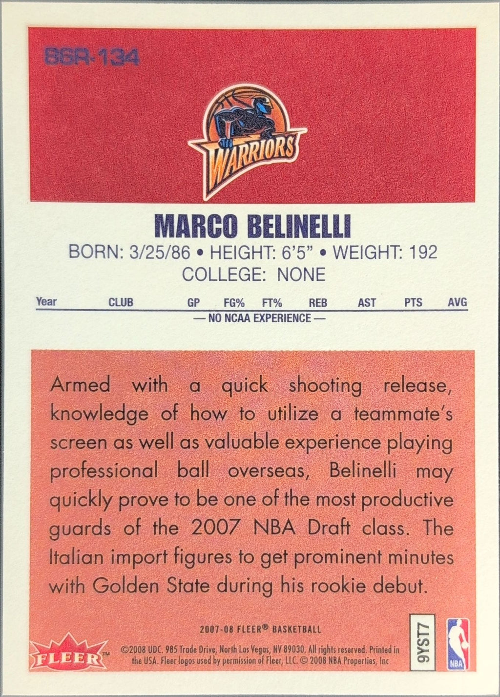 2007-08 Fleer Marco Belinelli #86R-134 86-87 Retro Rookies Golden State Warriors back