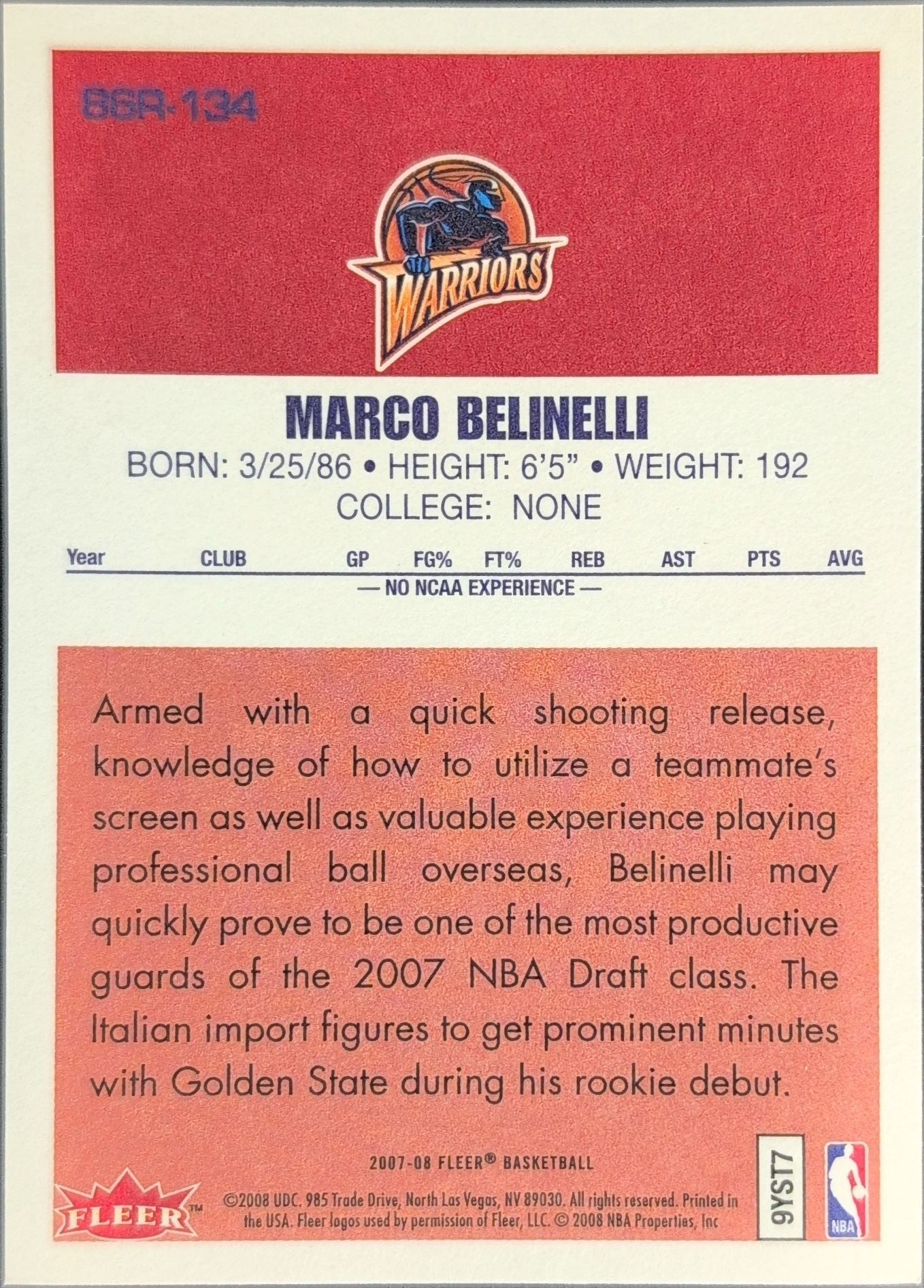2007-08 Fleer Marco Belinelli #86R-134 86-87 Retro Rookies Golden State Warriors back