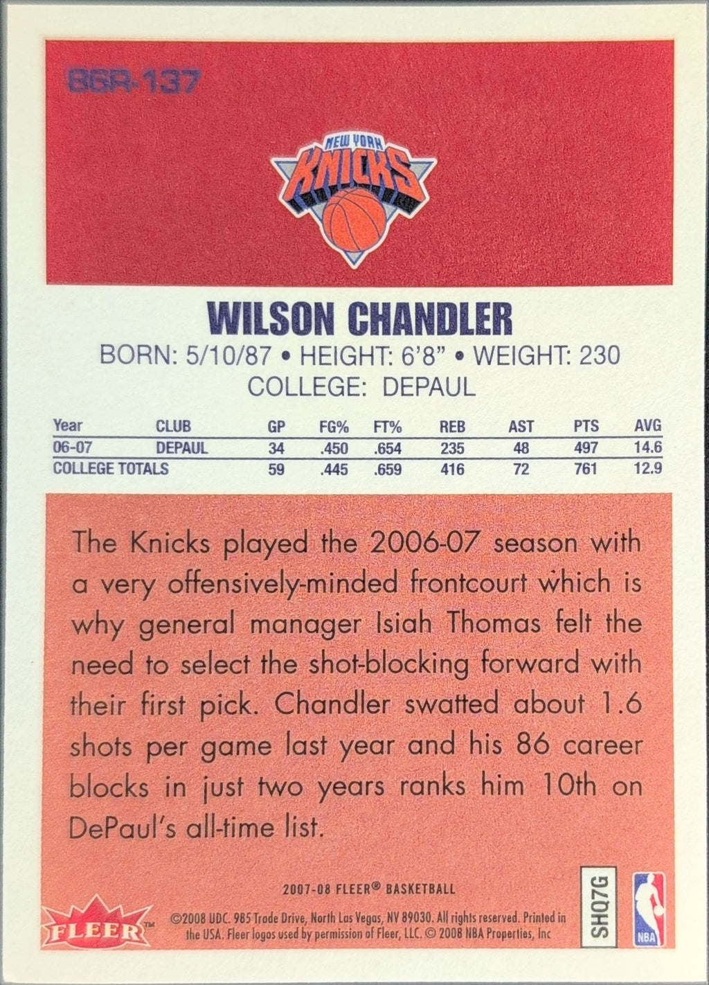 2007-08 Fleer Wilson Chandler #86R-137 86-87 Retro Rookies New York Knicks back