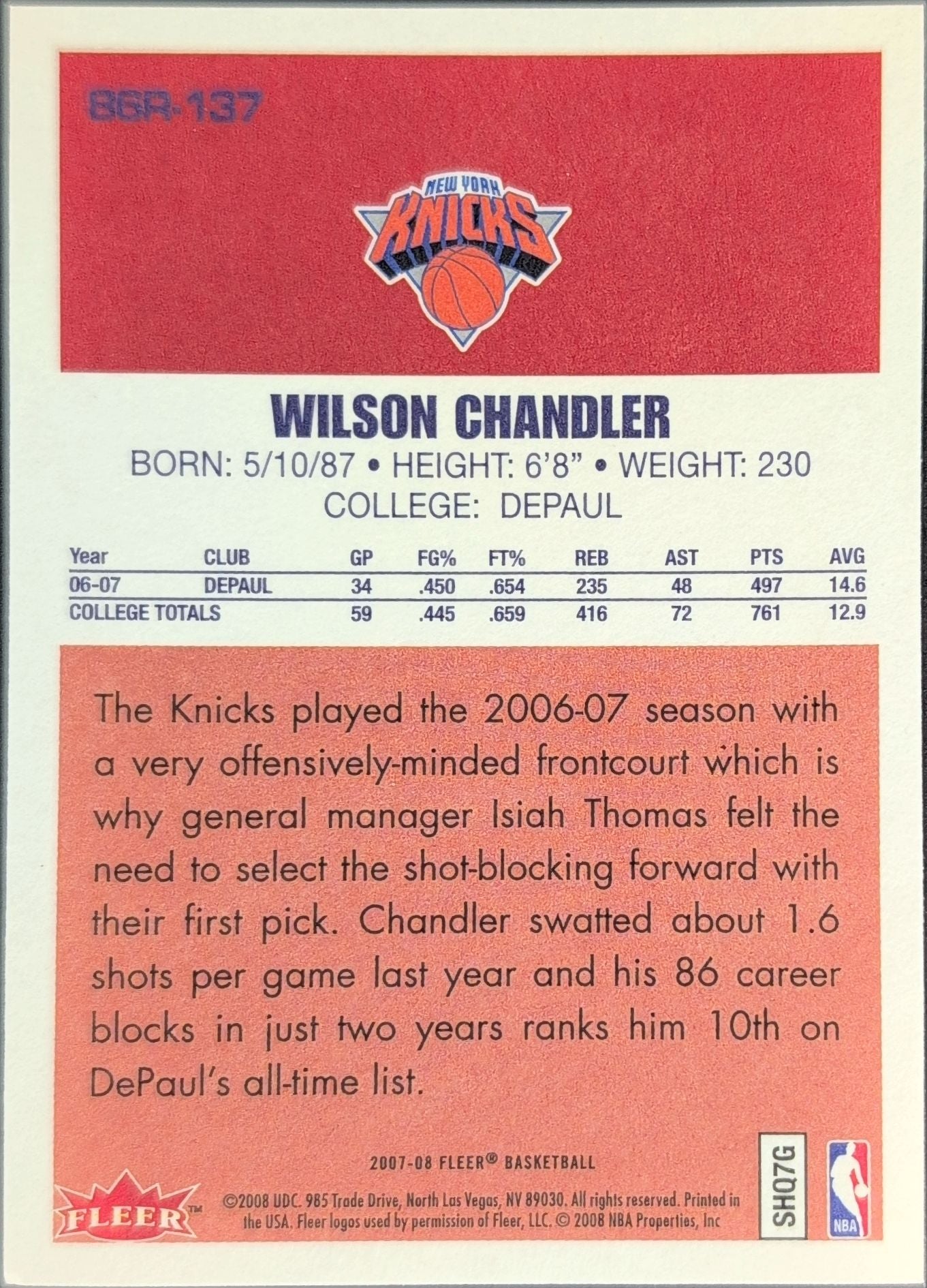 2007-08 Fleer Wilson Chandler #86R-137 86-87 Retro Rookies New York Knicks back