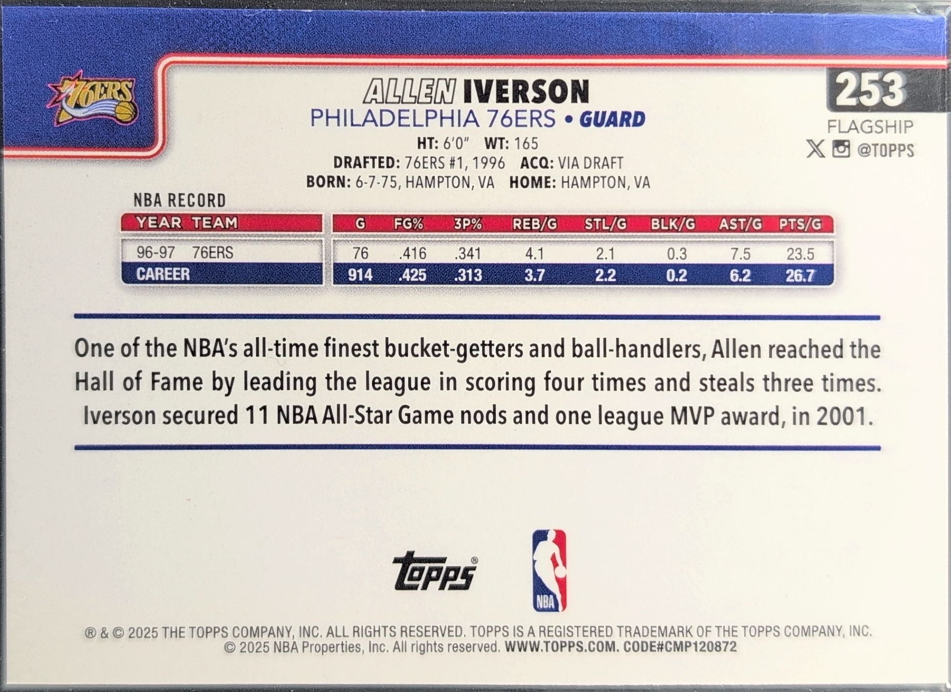 2025-26 Topps Allen Iverson #253 Philadelphia 76ers back