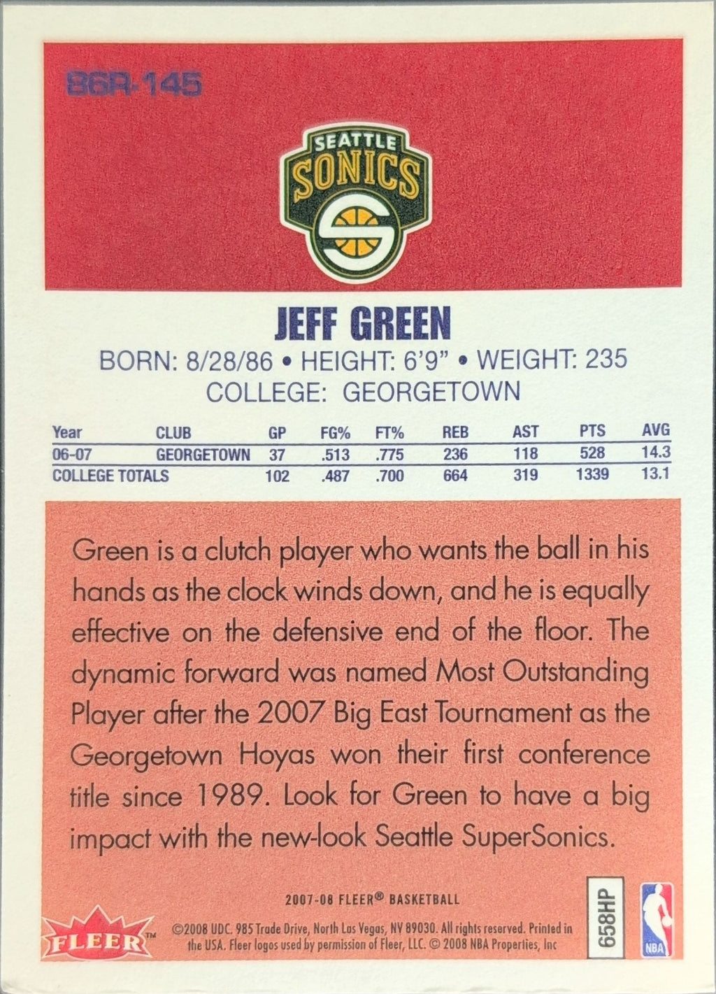 2007-08 Fleer Jeff Green #86R-145 86-87 Retro Rookies Seattle SuperSonics back