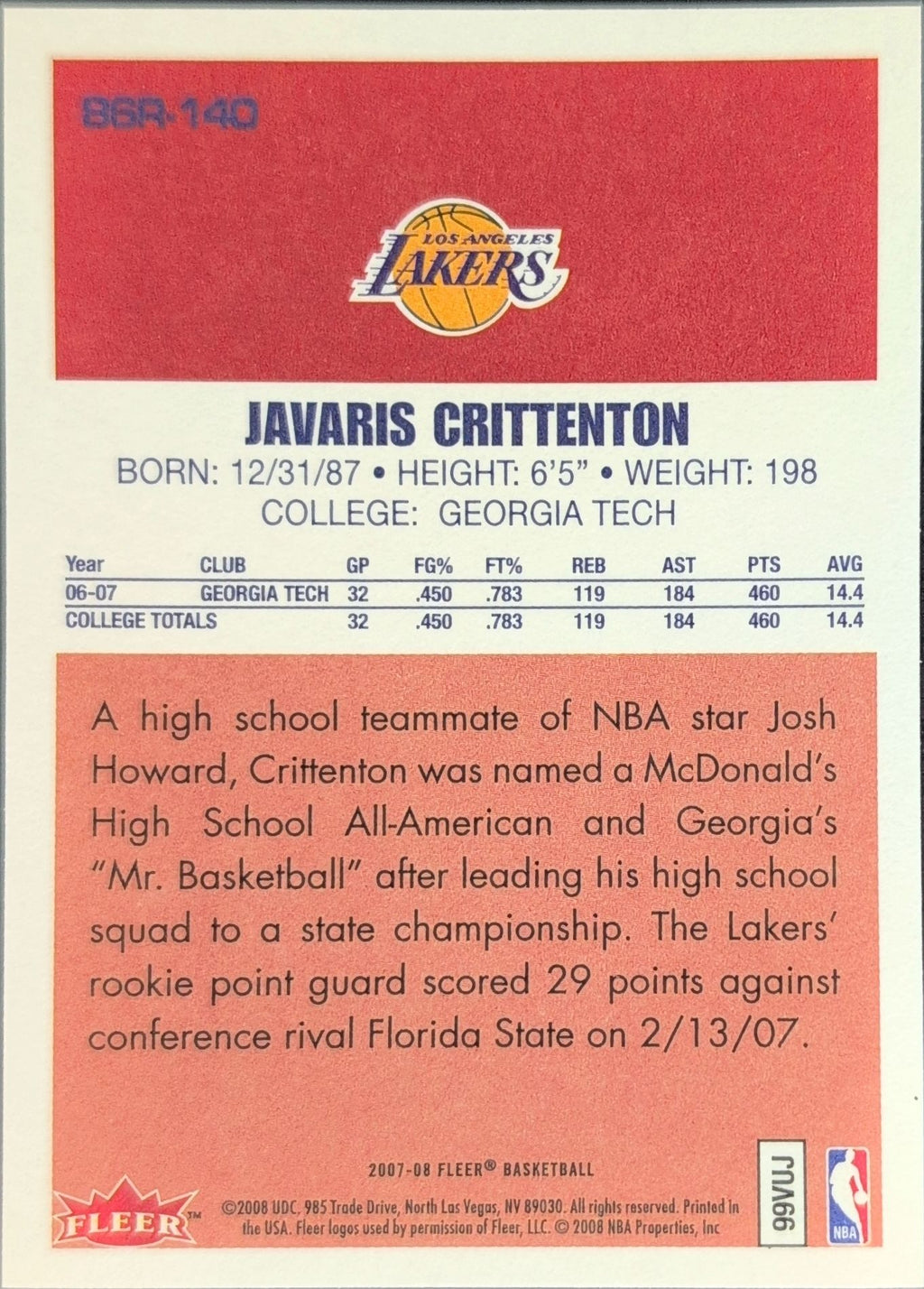 2007-08 Fleer Javaris Crittenton #86R-140 86-87 Retro Rookies Los Angeles Lakers back