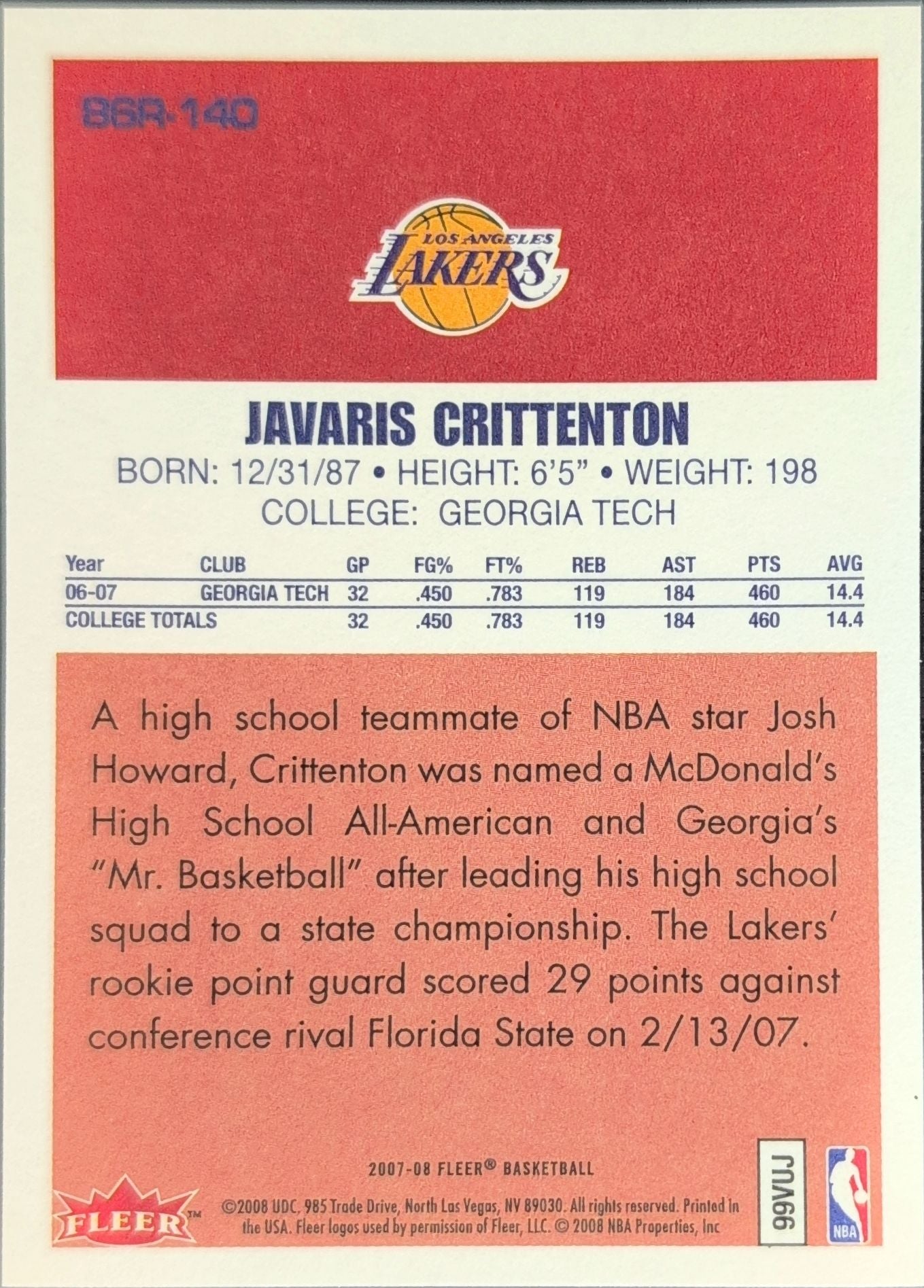 2007-08 Fleer Javaris Crittenton #86R-140 86-87 Retro Rookies Los Angeles Lakers back