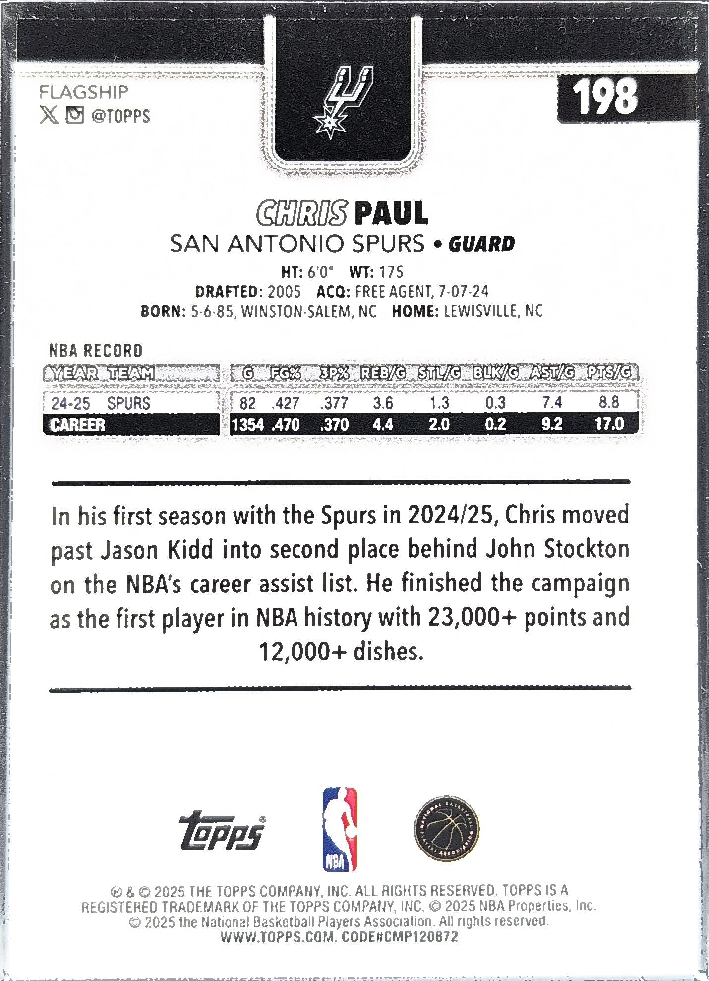 2025-26 Topps Chris Paul #198 San Antonio Spurs back