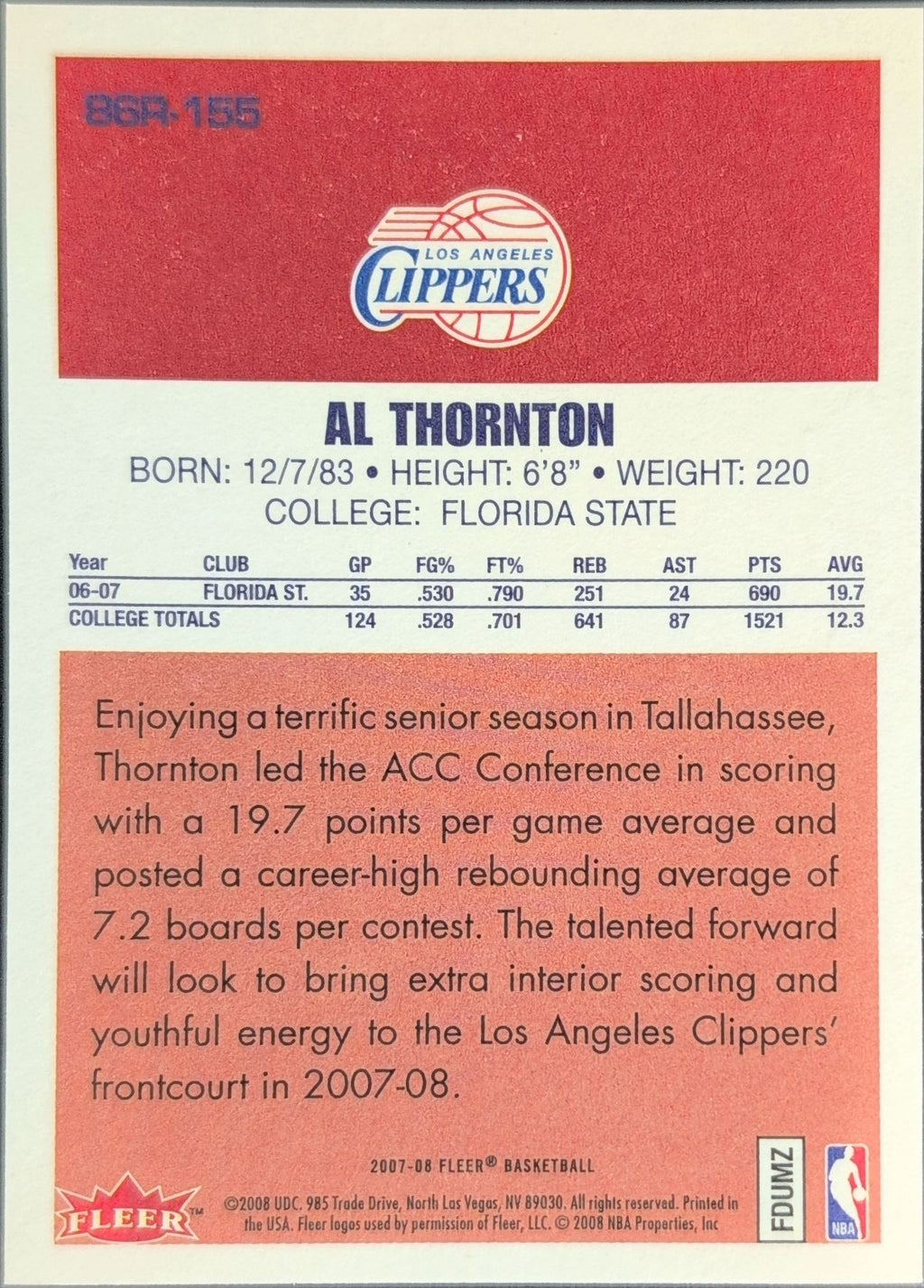 2007-08 Fleer Al Thornton #86R-155 86-87 Retro Rookies Los Angeles Clippers back