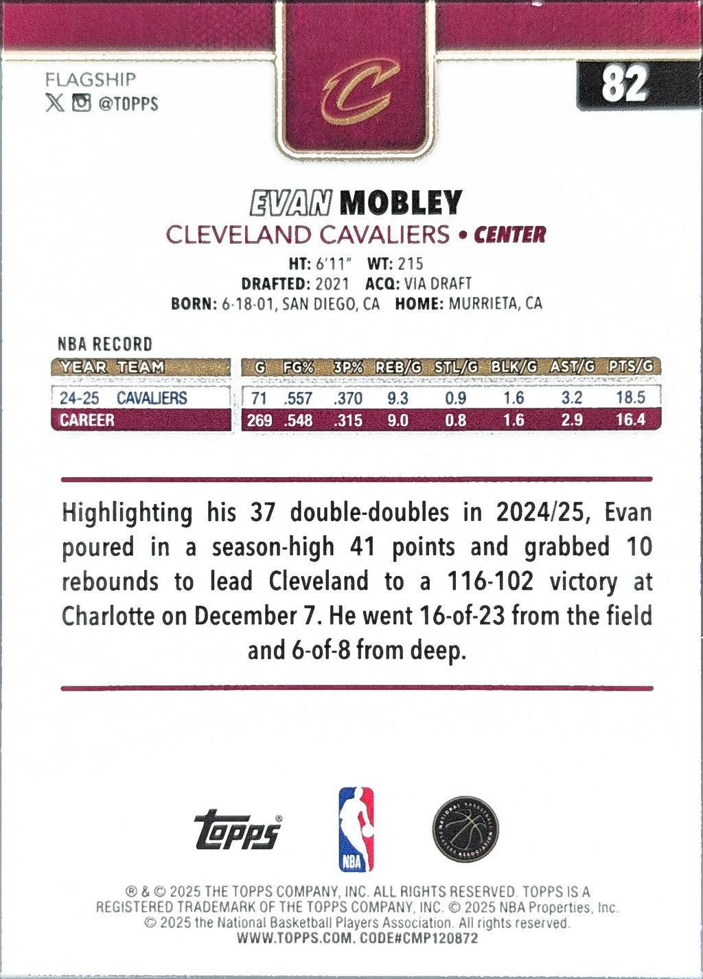 Evan Mobley 2025-26 Topps #82 Cleveland Cavaliers