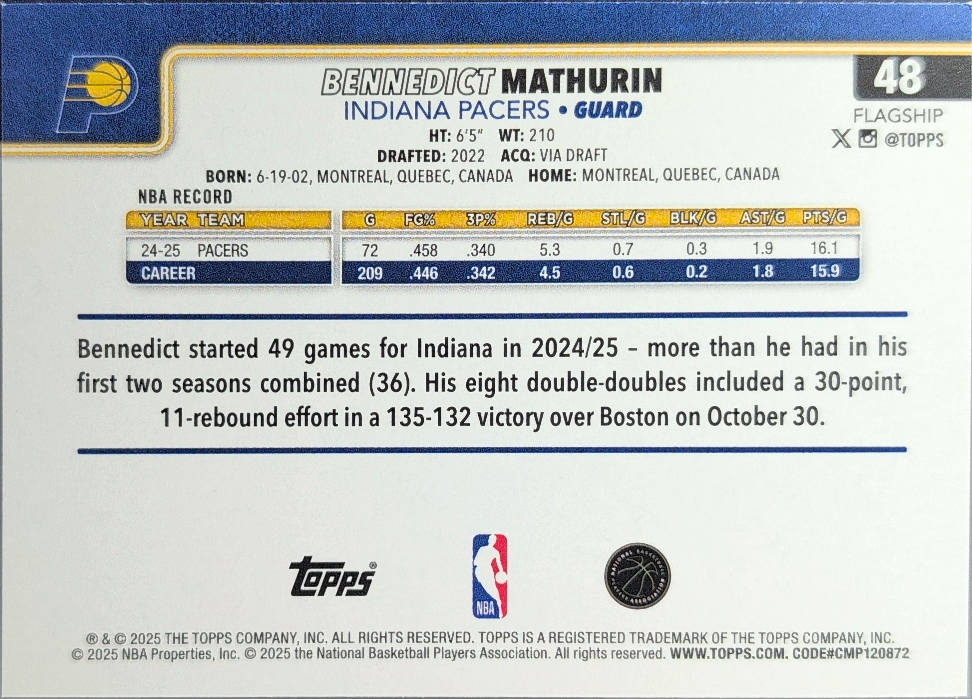 2025-26 Topps Bennedict Mathurin #48 Season Tip Off Indiana Pacers back