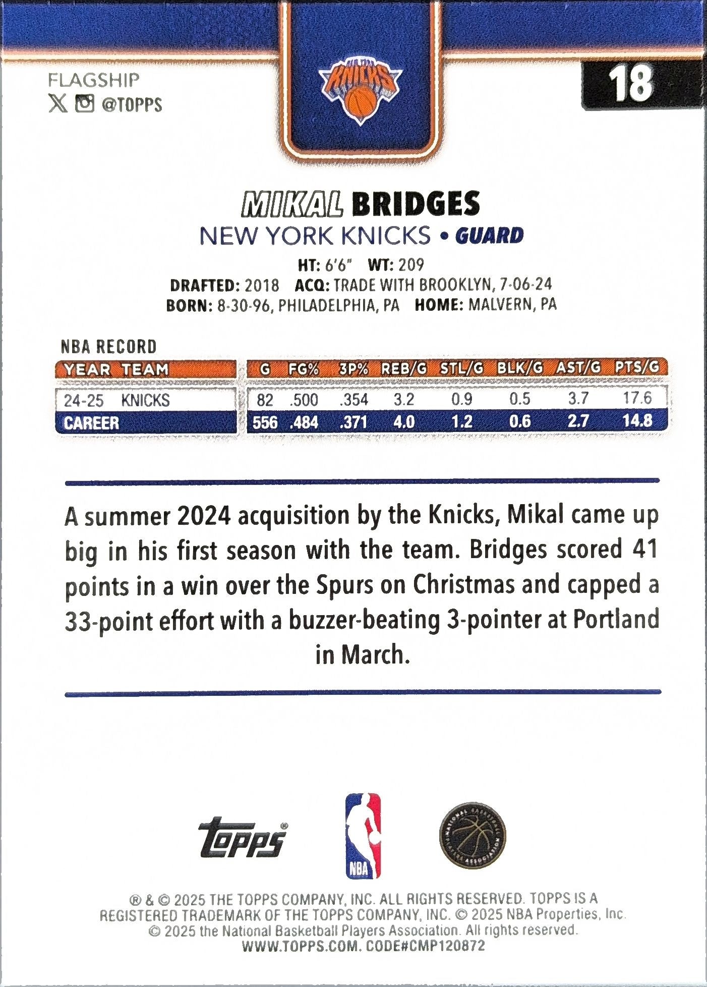 2025-26 Topps Mikal Bridges #18 Rainbow Foilboard New York Knicks back