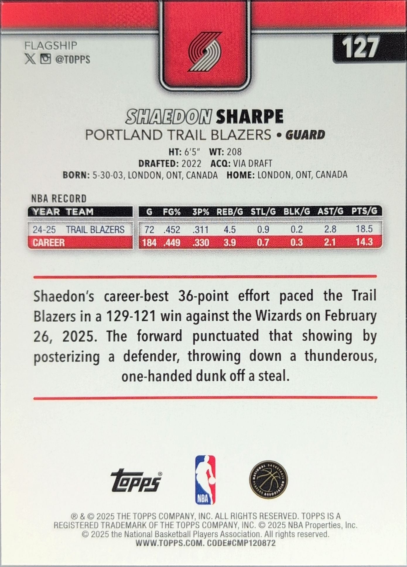 2025-26 Topps Shaedon Sharpe #127 Portland Trail Blazers back