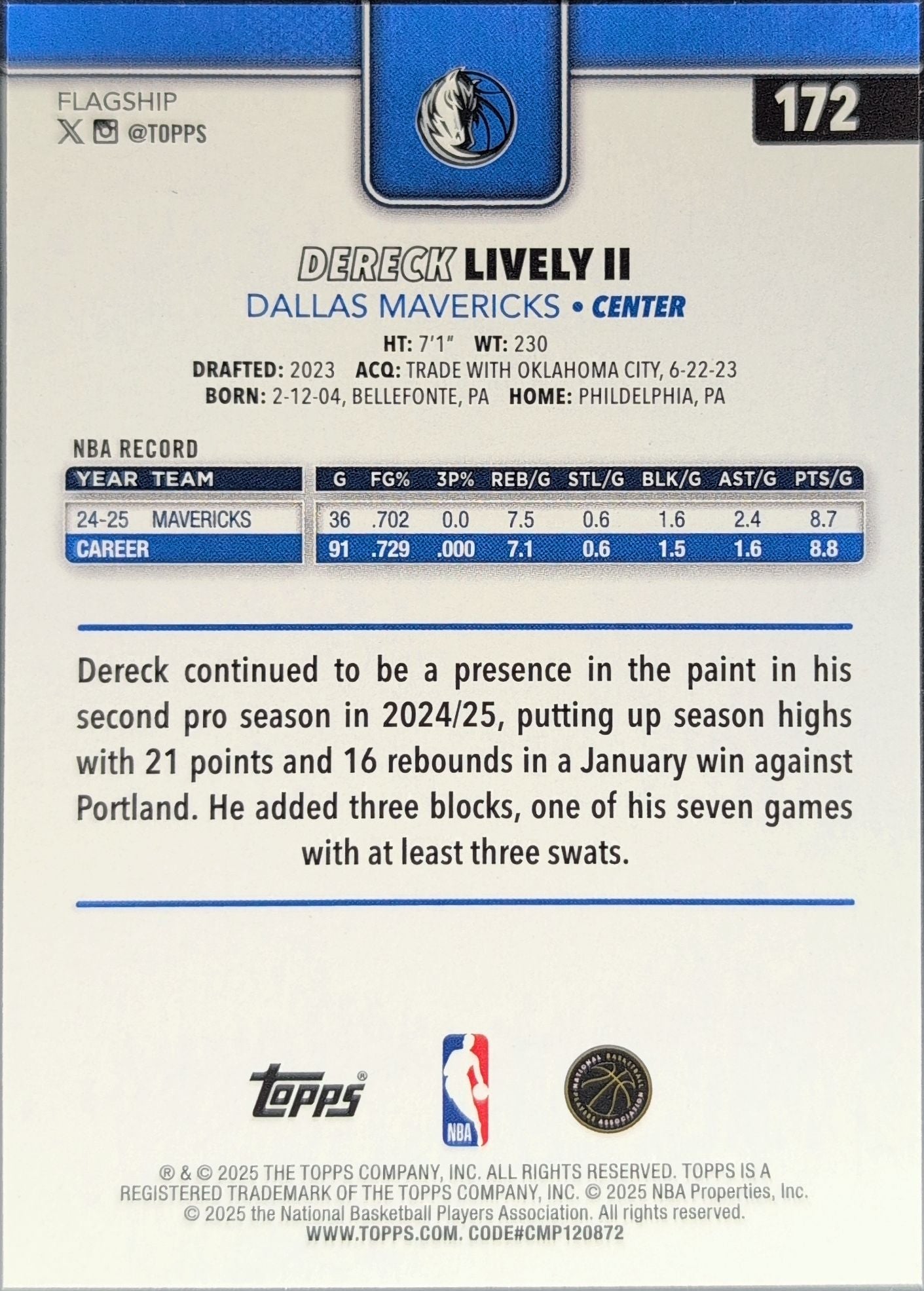 2025-26 Topps Dereck Lively II #172 Dallas Mavericks back
