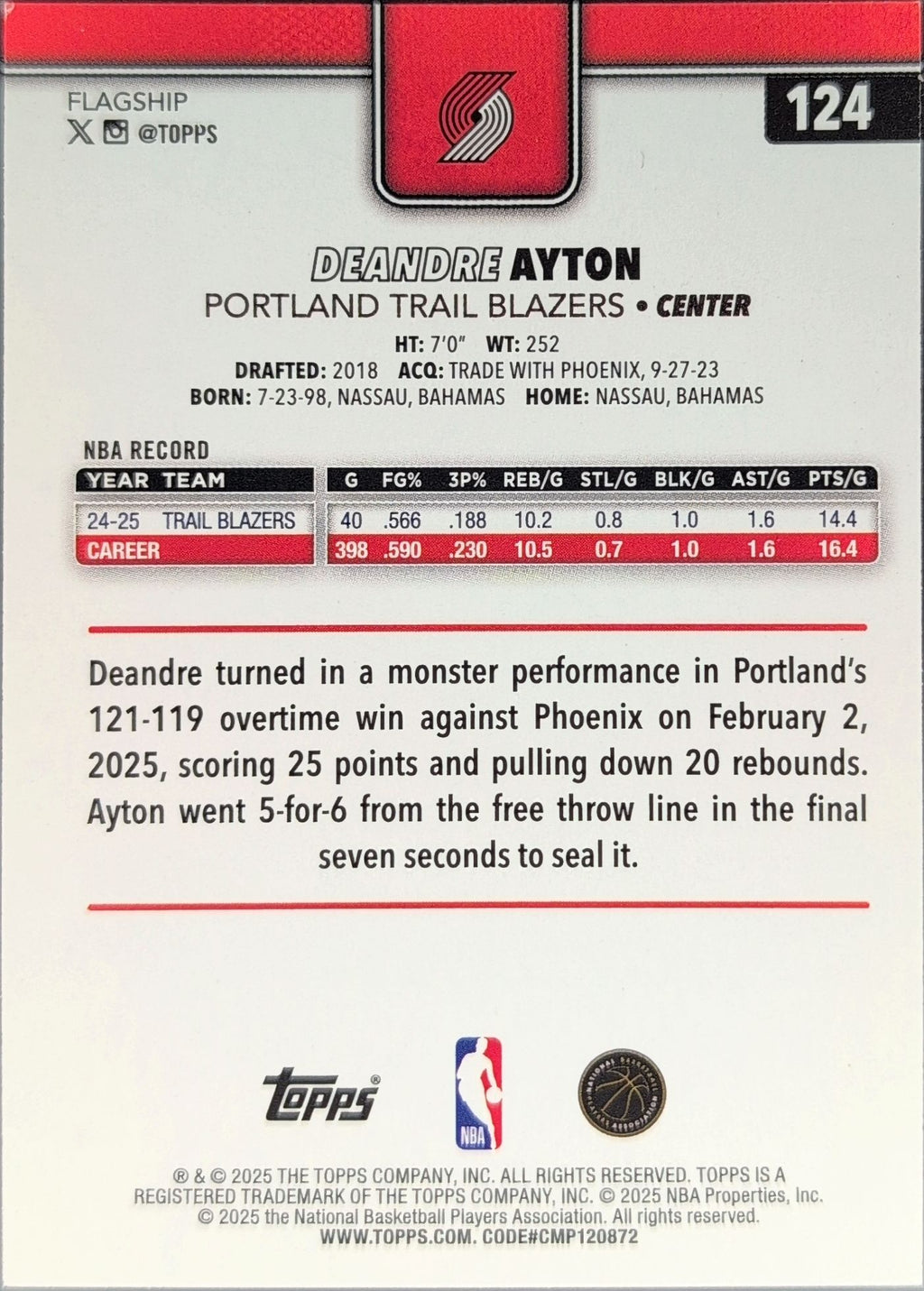 2025-26 Topps Deandre Ayton #124 Portland Trail Blazers back