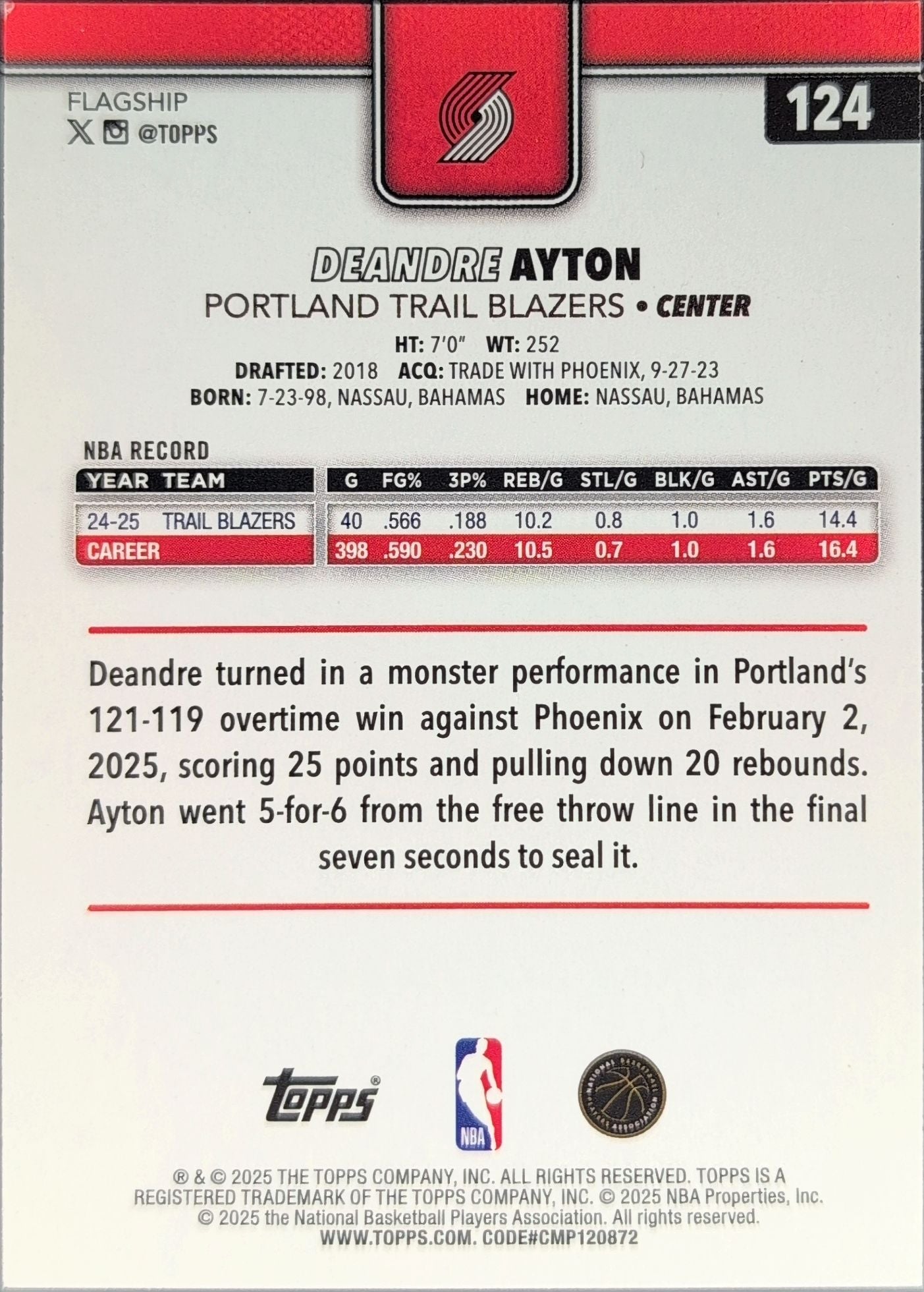 2025-26 Topps Deandre Ayton #124 Portland Trail Blazers back