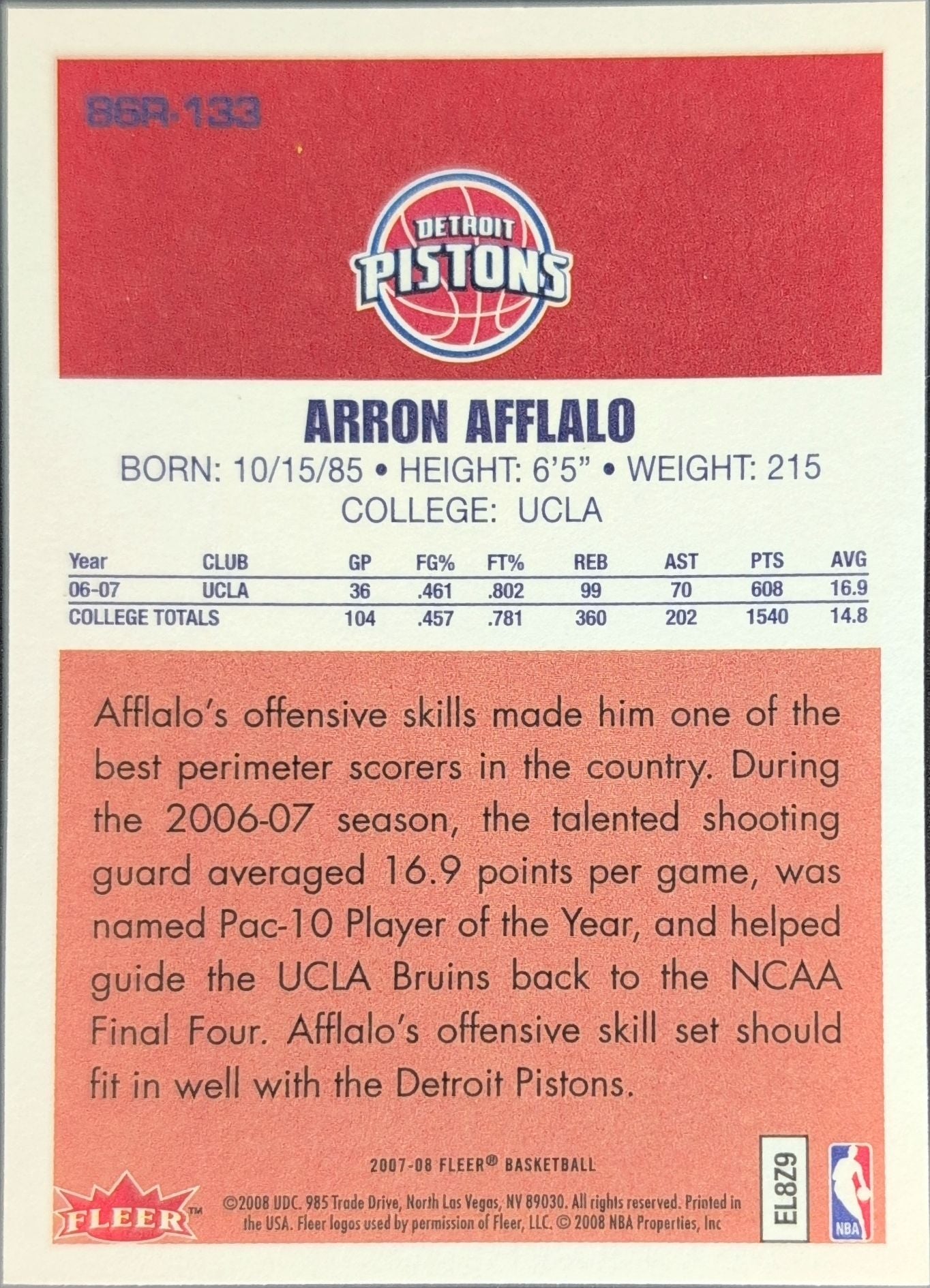 2007-08 Fleer Arron Afflalo #86R-133 86-87 Retro Rookies Detroit Pistons back