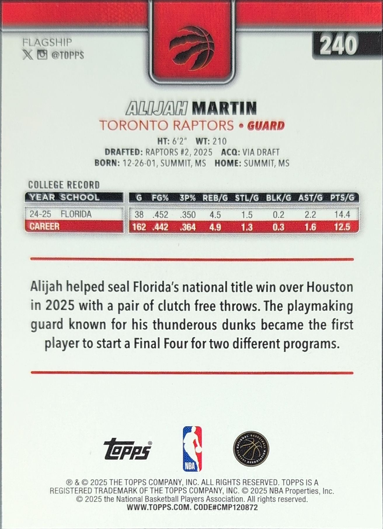 2025-26 Topps Alijah Martin #240 Rainbow Foilboard RC Toronto Raptors back