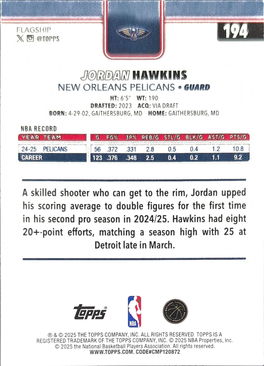 2025-26 Topps Jordan Hawkins #194 New Orleans Pelicans back