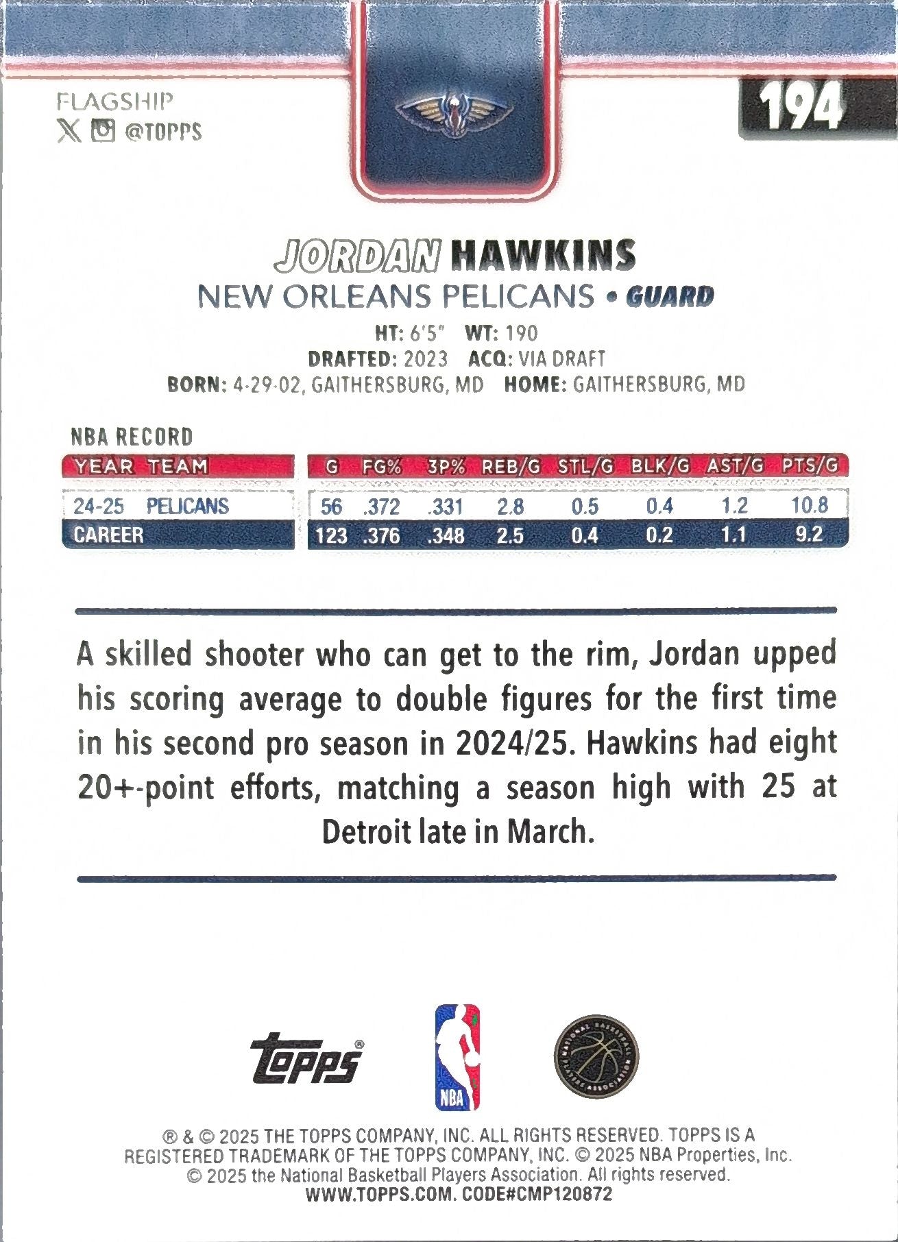 2025-26 Topps Jordan Hawkins #194 New Orleans Pelicans back