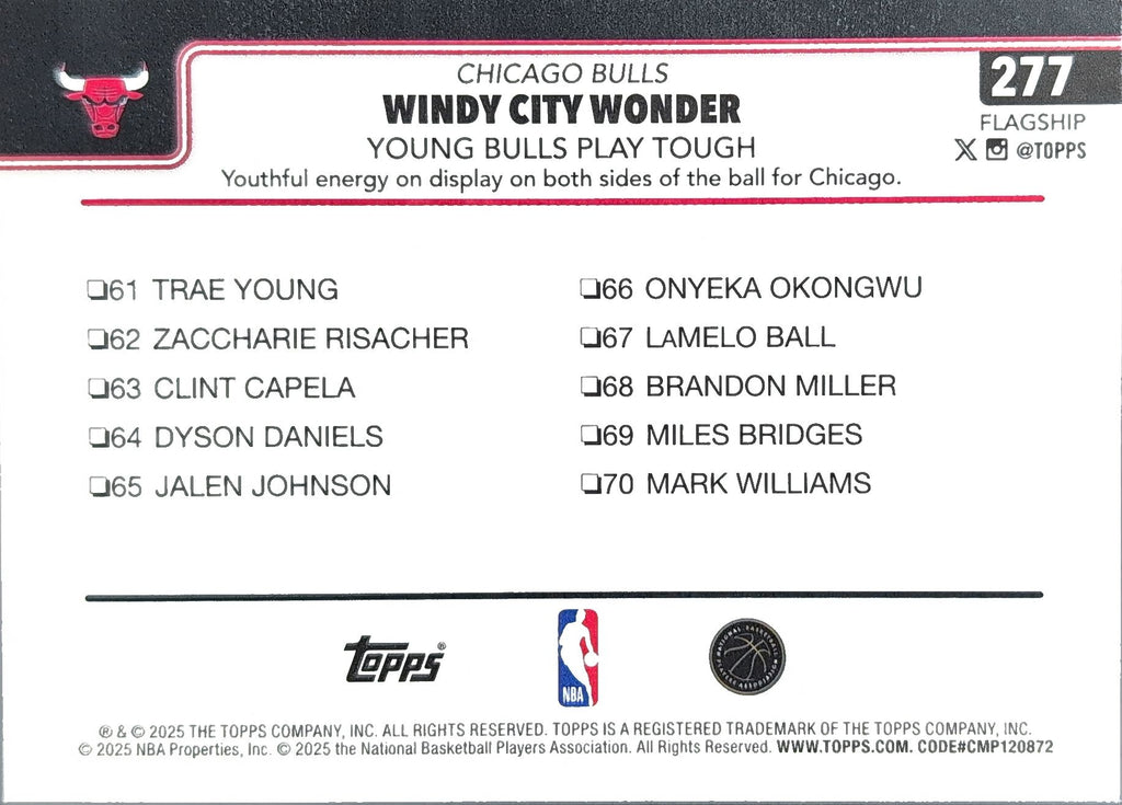 2025-26 Topps Windy City Wonder: Young Bulls Play Tough #277 Chicago Bulls back