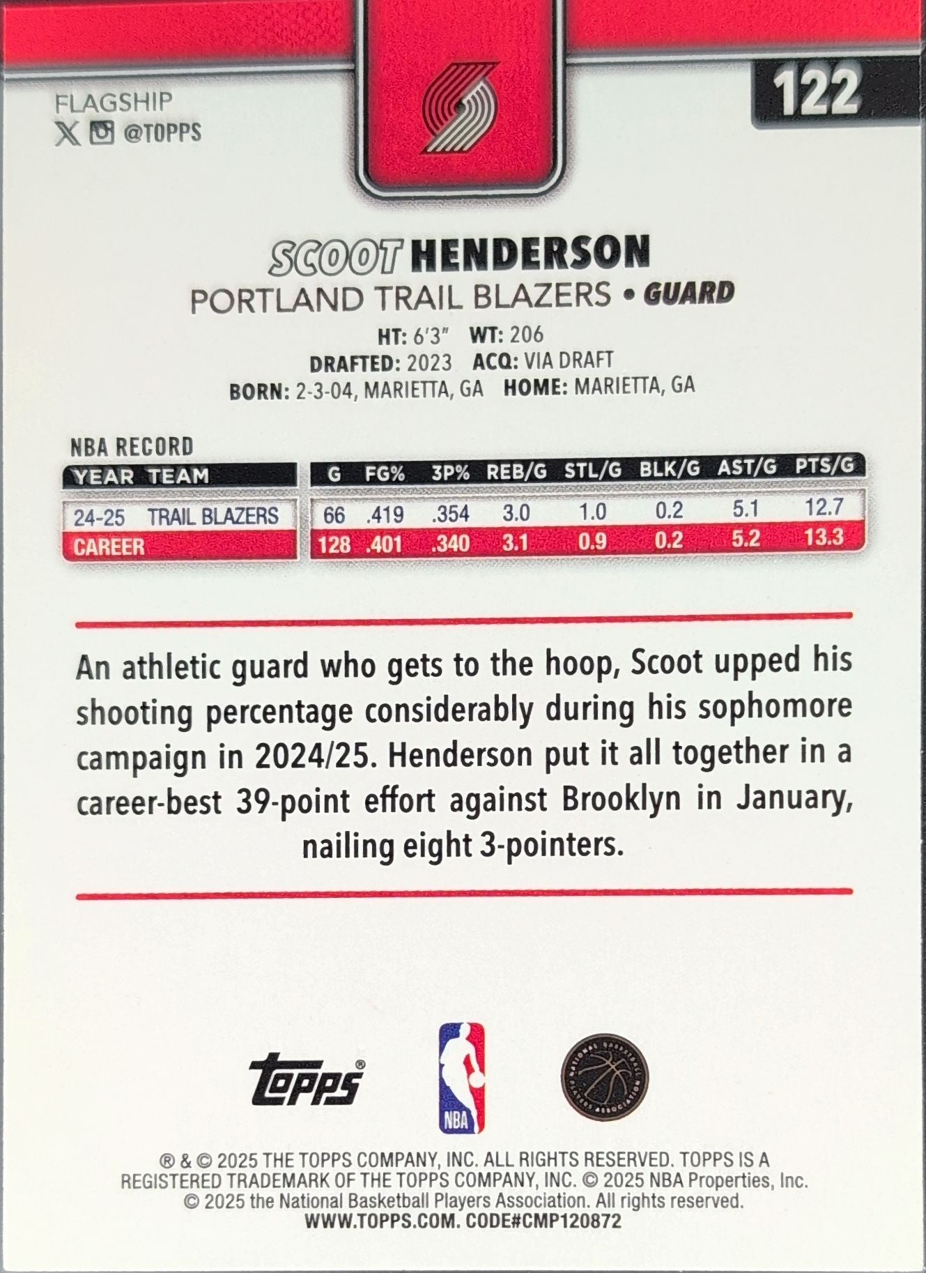 2025-26 Topps Scoot Henderson #122 Portland Trail Blazers back