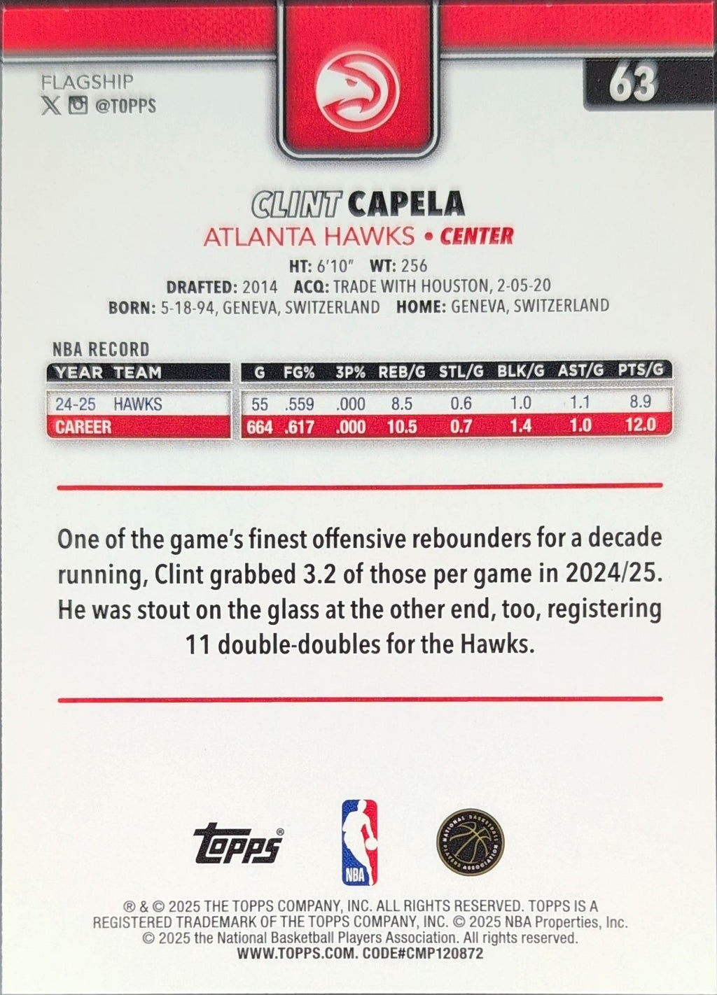 2025-26 Topps Clint Capela #63 Atlanta Hawks back