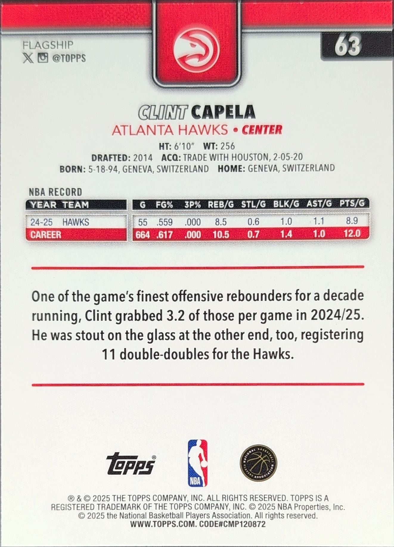 2025-26 Topps Clint Capela #63 Atlanta Hawks back
