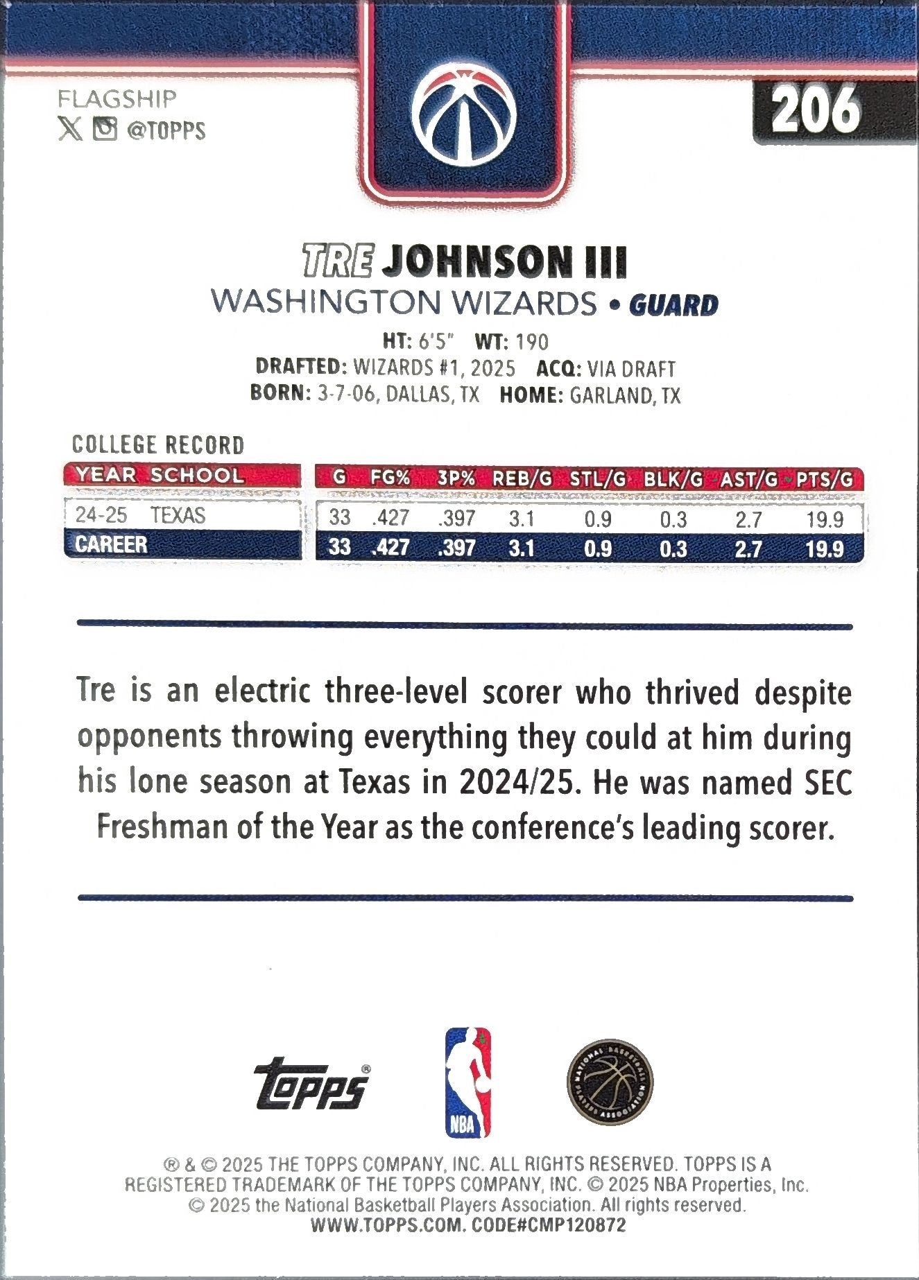 2025-26 Topps Tre Johnson III #206 RC Washington Wizards back