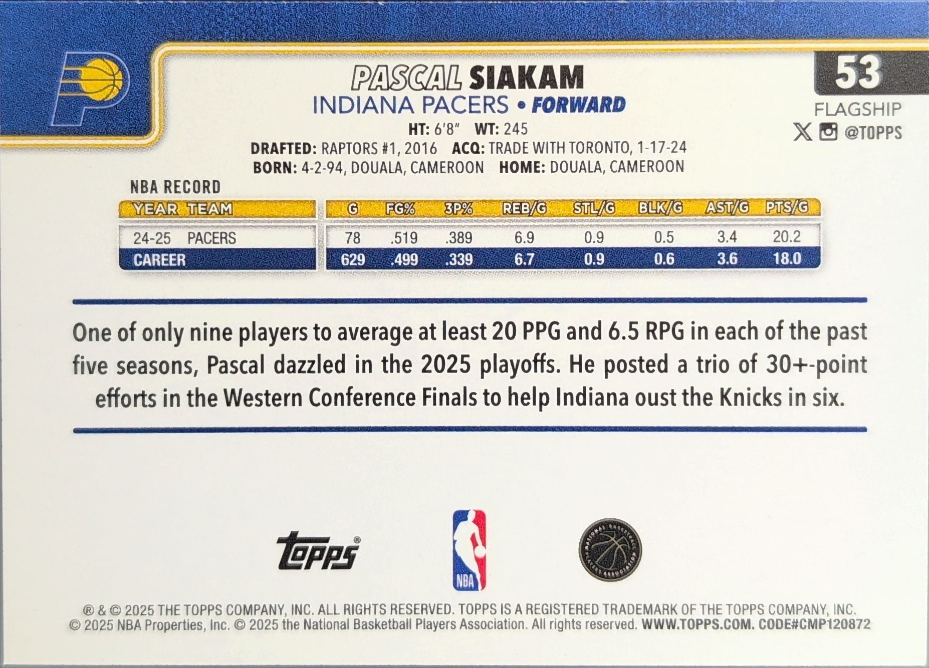2025-26 Topps Pascal Siakam #53 Indiana Pacers back