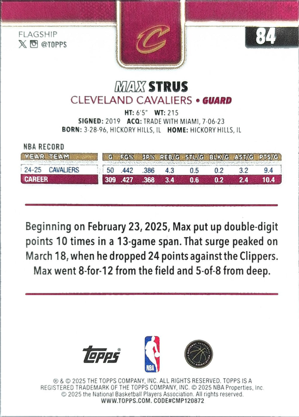 2025-26 Topps Max Strus #84 Cleveland Cavaliers back