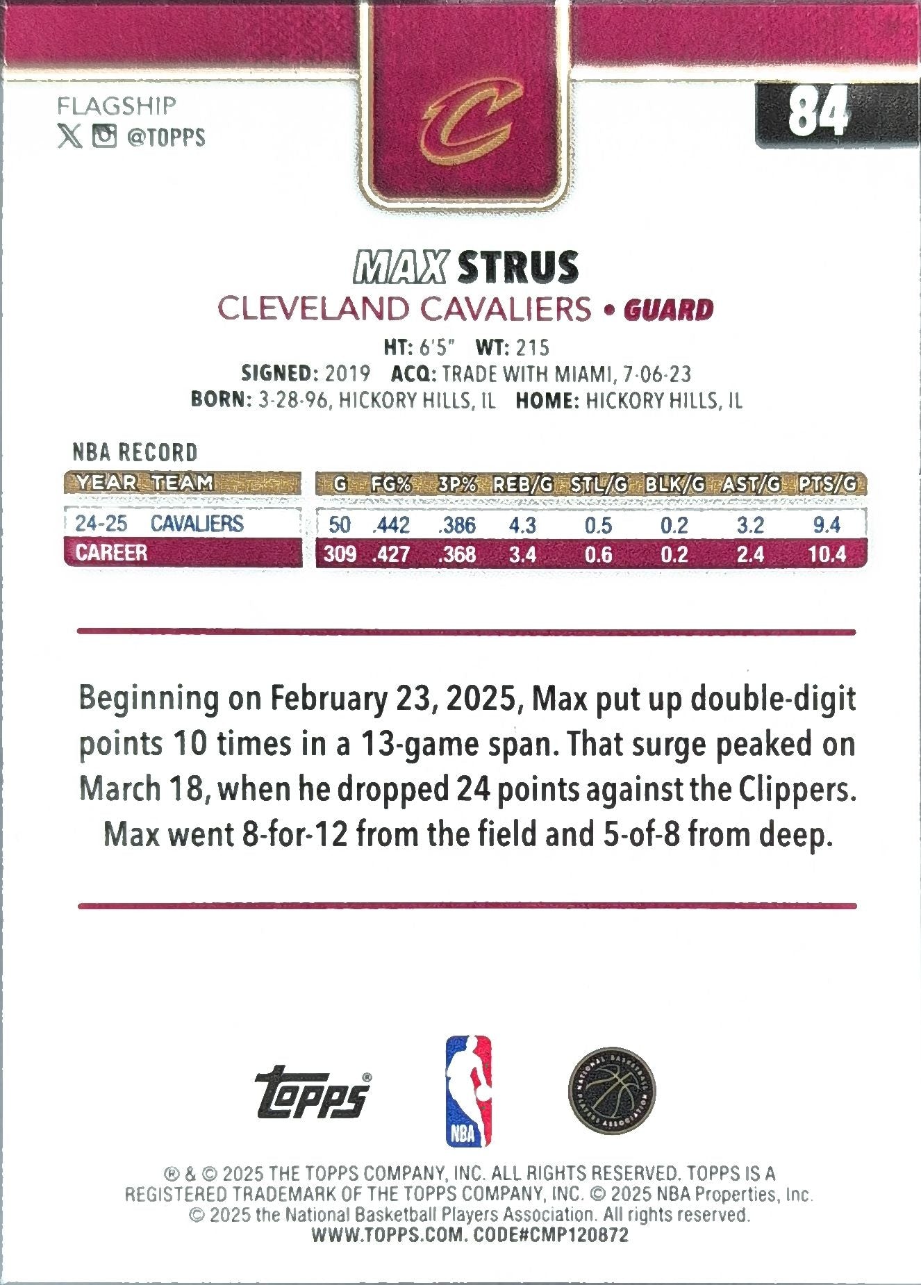 2025-26 Topps Max Strus #84 Cleveland Cavaliers back