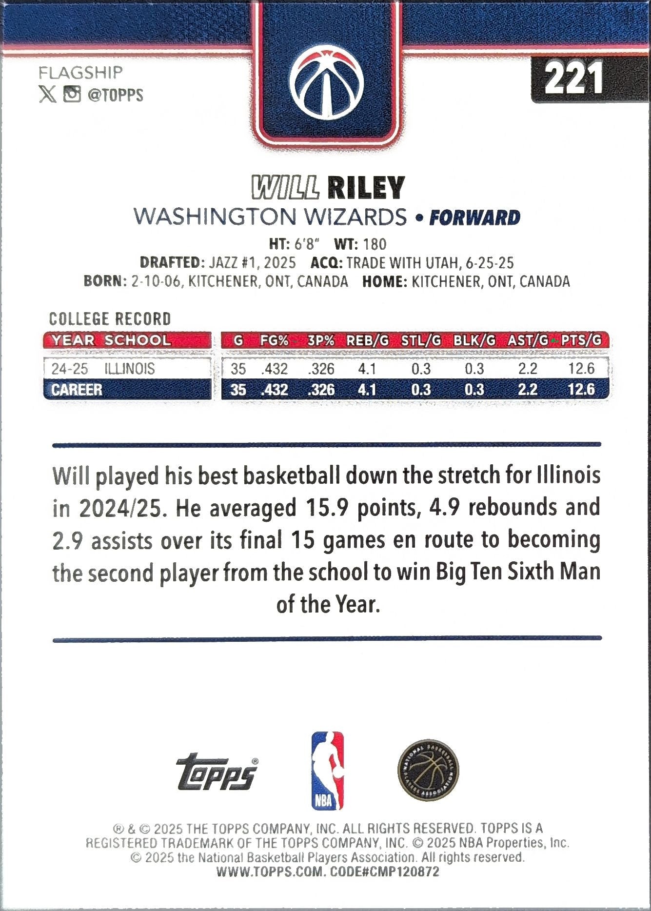 2025-26 Topps Holiday Will Riley #H181 RC Washington Wizards back