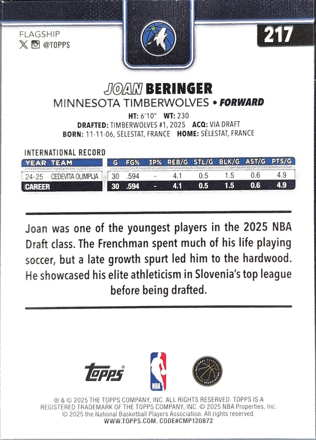 2025-26 Topps Joan Beringer #217 RC Minnesota Timberwolves back