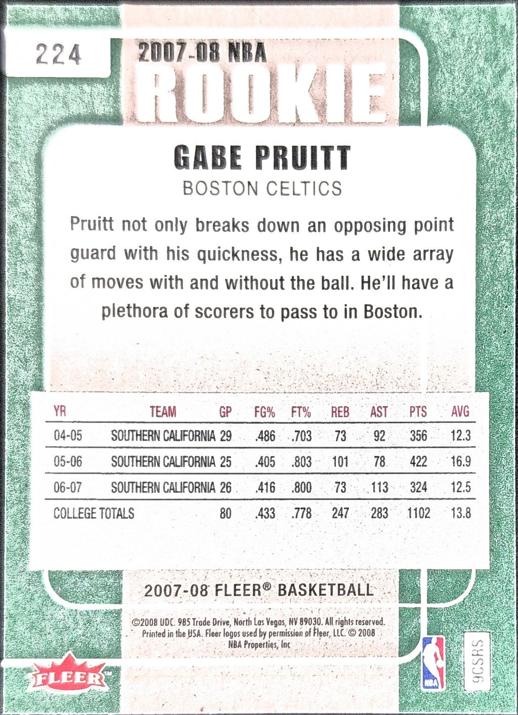 2007-08 Fleer Gabe Pruitt #224 RC Boston Celtics back