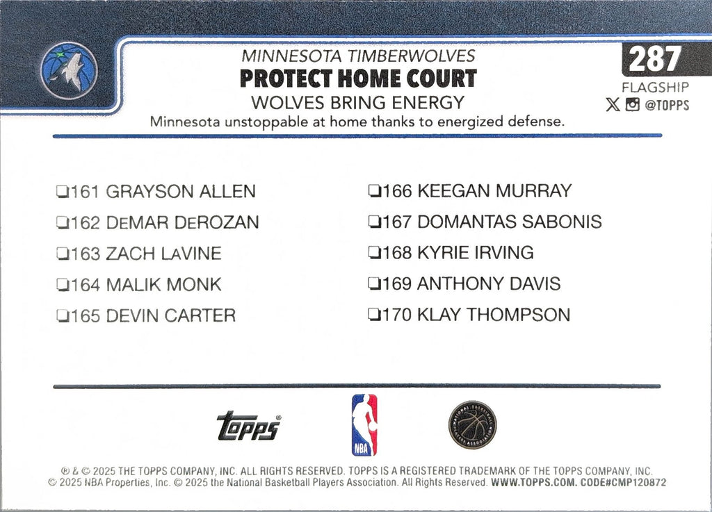2025-26 Topps Protect Home Court: Wolves Bring Energy #287 Minnesota Timberwolves back