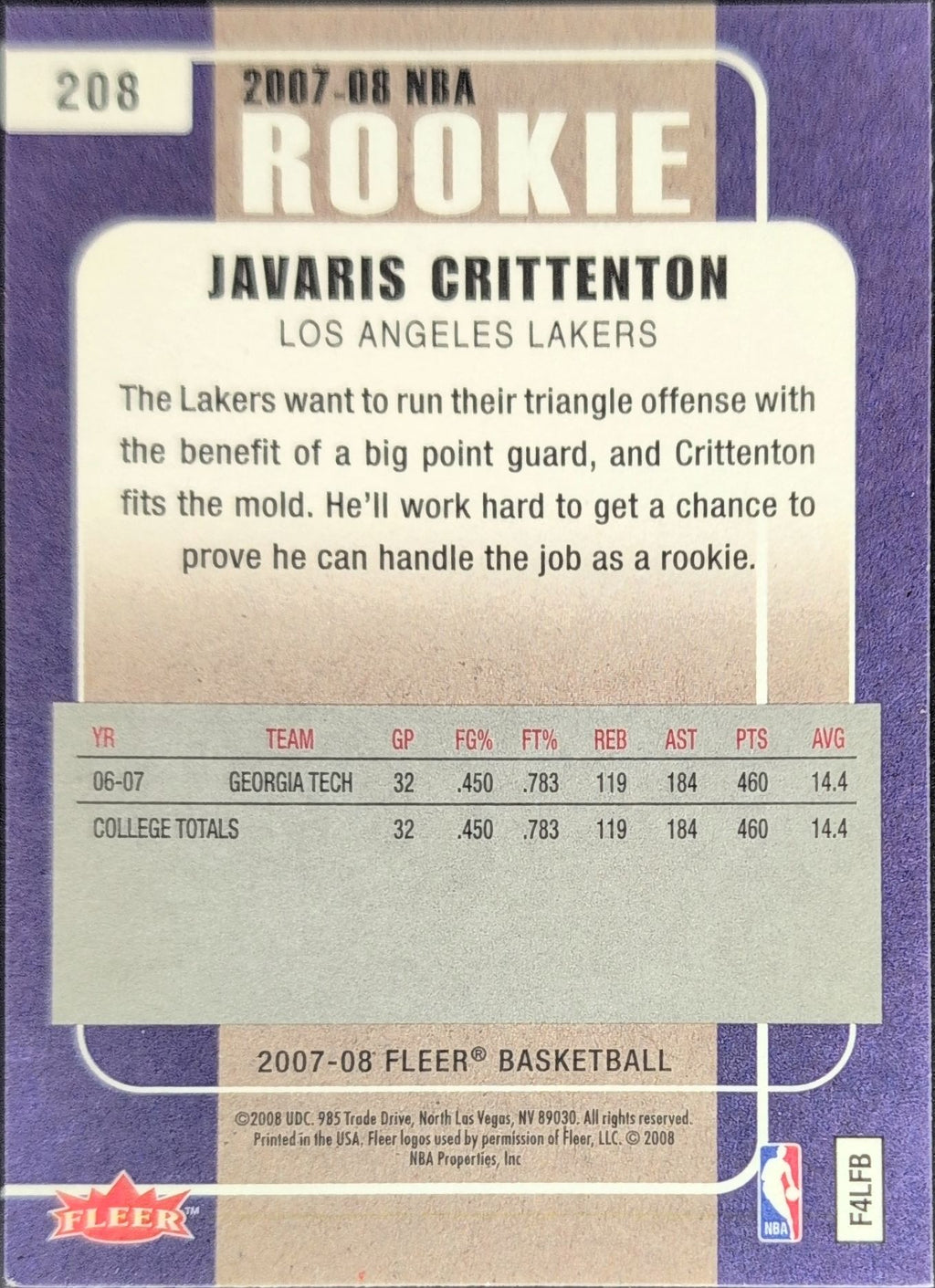 2007-08 Fleer Javaris Crittenton #208 RC Los Angeles Lakers back