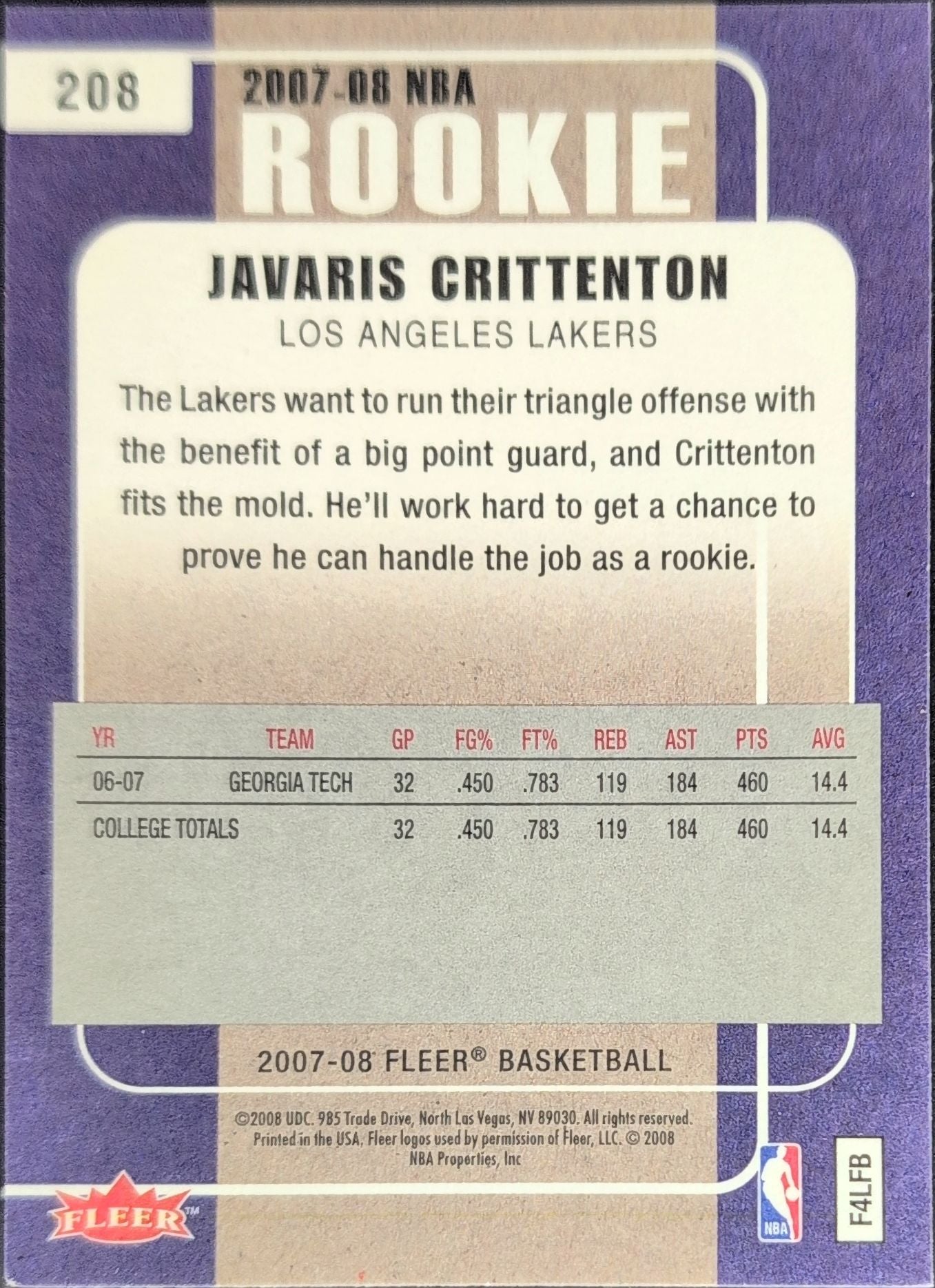 2007-08 Fleer Javaris Crittenton #208 RC Los Angeles Lakers back
