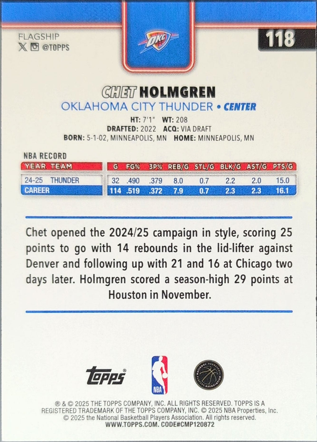 2025-26 Topps Chet Holmgren #118 Oklahoma City Thunder back