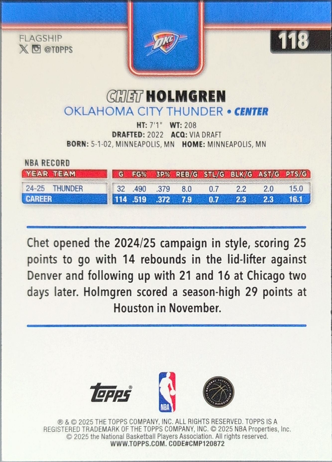2025-26 Topps Chet Holmgren #118 Oklahoma City Thunder back
