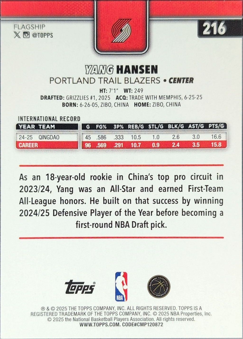 2025-26 Topps Yang Hansen #216 RC Portland Trail Blazers back