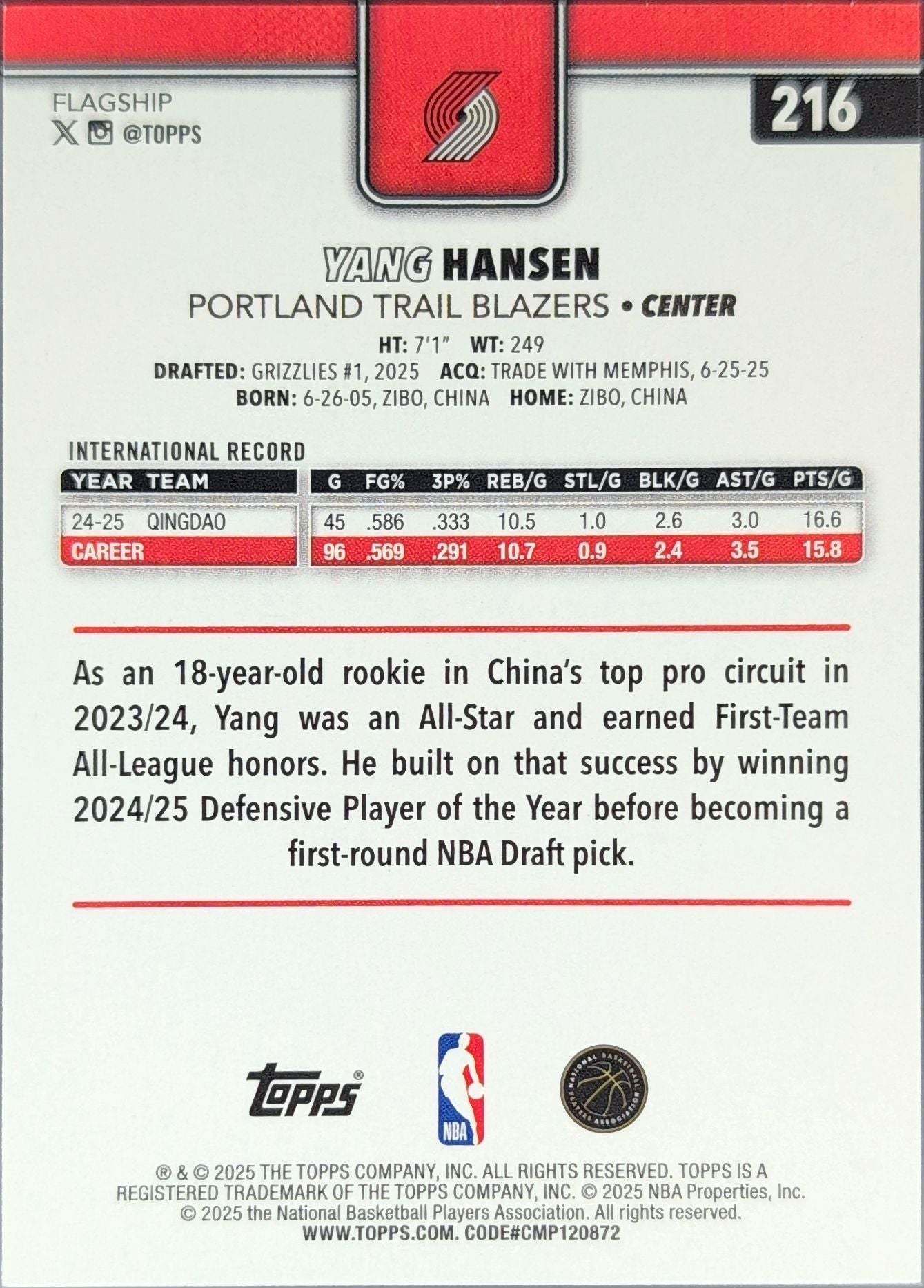 2025-26 Topps Yang Hansen #216 RC Portland Trail Blazers back